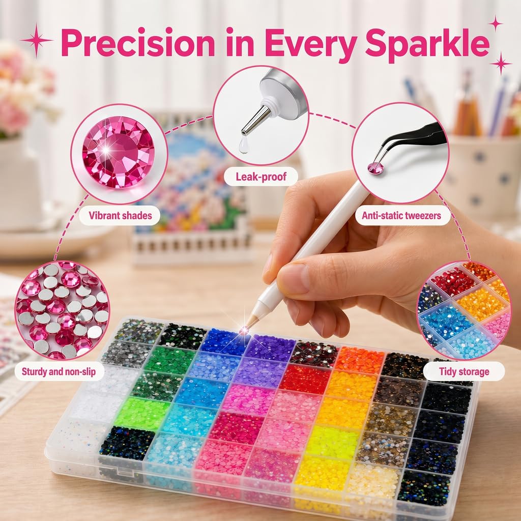 Strass Unghie da 3mm, 32000 Pezzi Brillantini Unghie, 40 Colori | Piatti Strass per Nail Art, con Penna e Pinzette, Adatti per Bricolage, Nail Art, Vestiti e Pittura Facciale
