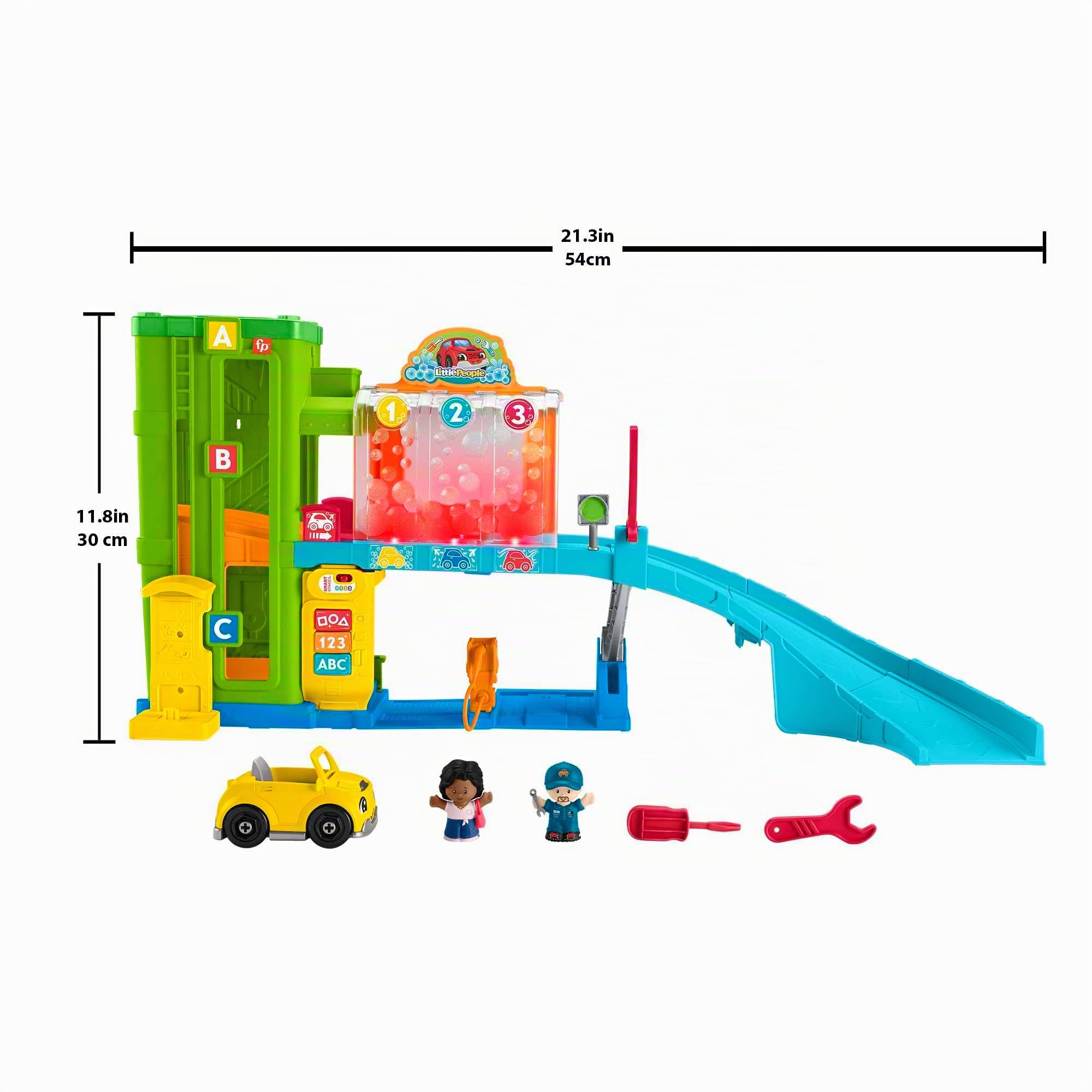 Fisher-Price Little People - Autolavaggio, playset interattivo con rampa per le auto, luci e musica, contenuti Smart Stages, versione multilingua, giocattolo per bambini, 1-5 anni, HRB34