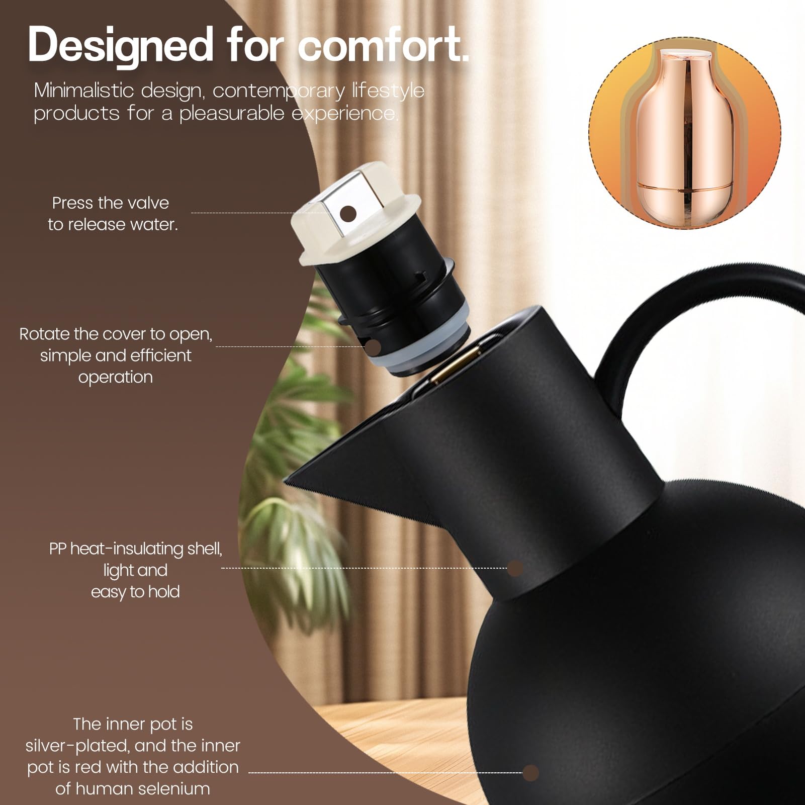 Thermoskanne Kaffeekannen Vakuum Isolations, Sphärisches Design, Heißer Und Kalter Teekaffee, Mit Einfachem Sicherheitsschubknopf, Thermosflasche Für Zuhause, Büro, Hotel (Schwarz,1L)