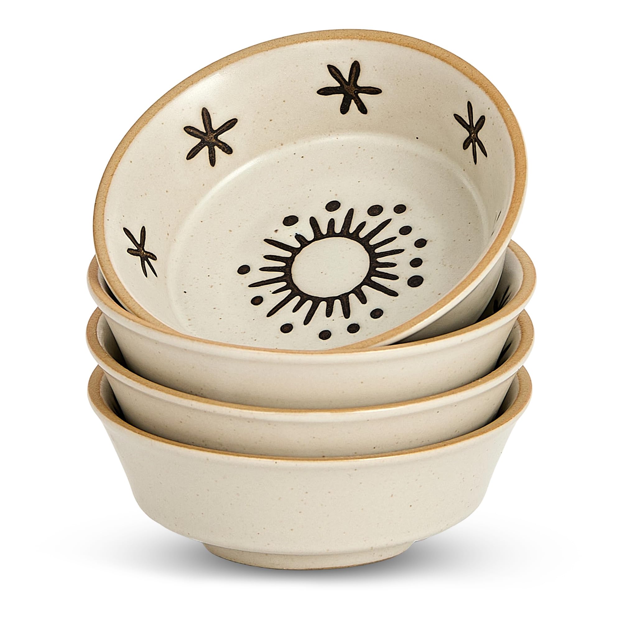 Stoneware Dipping Sauce Side Dishes Set of 4-3.7" Rustic Condiment Bowls - Handcrafted Ceramic Appetizer Plates for Sushi Soy, Charcuterie,Snack, Cheese Boards(Sun)