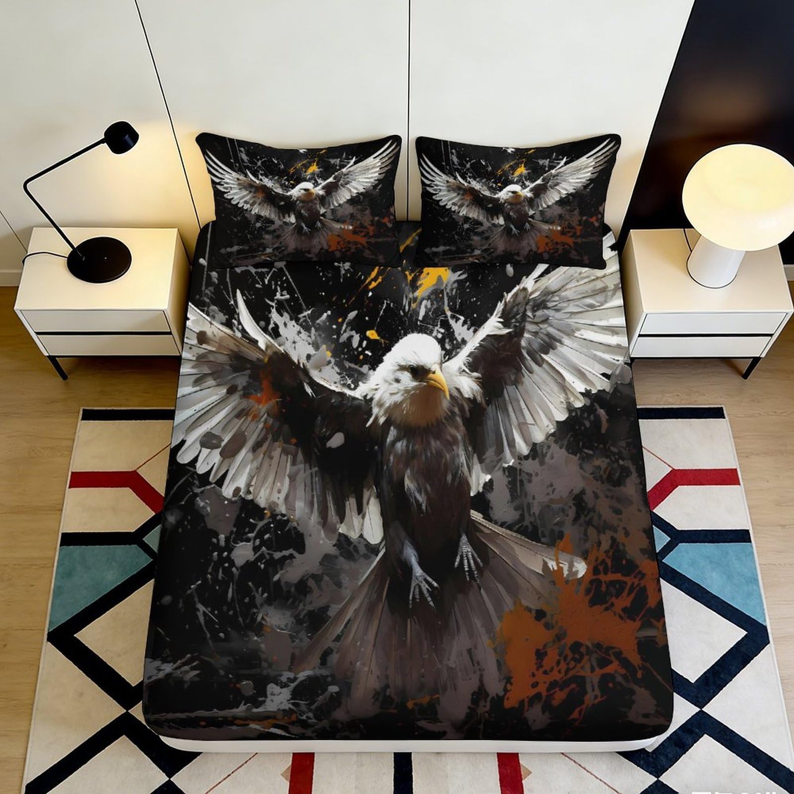 Pnayamiorkfel Style-1 3D Printed Bald Eagle Fitted Sheet Microfiber Black Orange Splash Mattress Cover For Bedroom Guest Room Decor 90X200x25cm