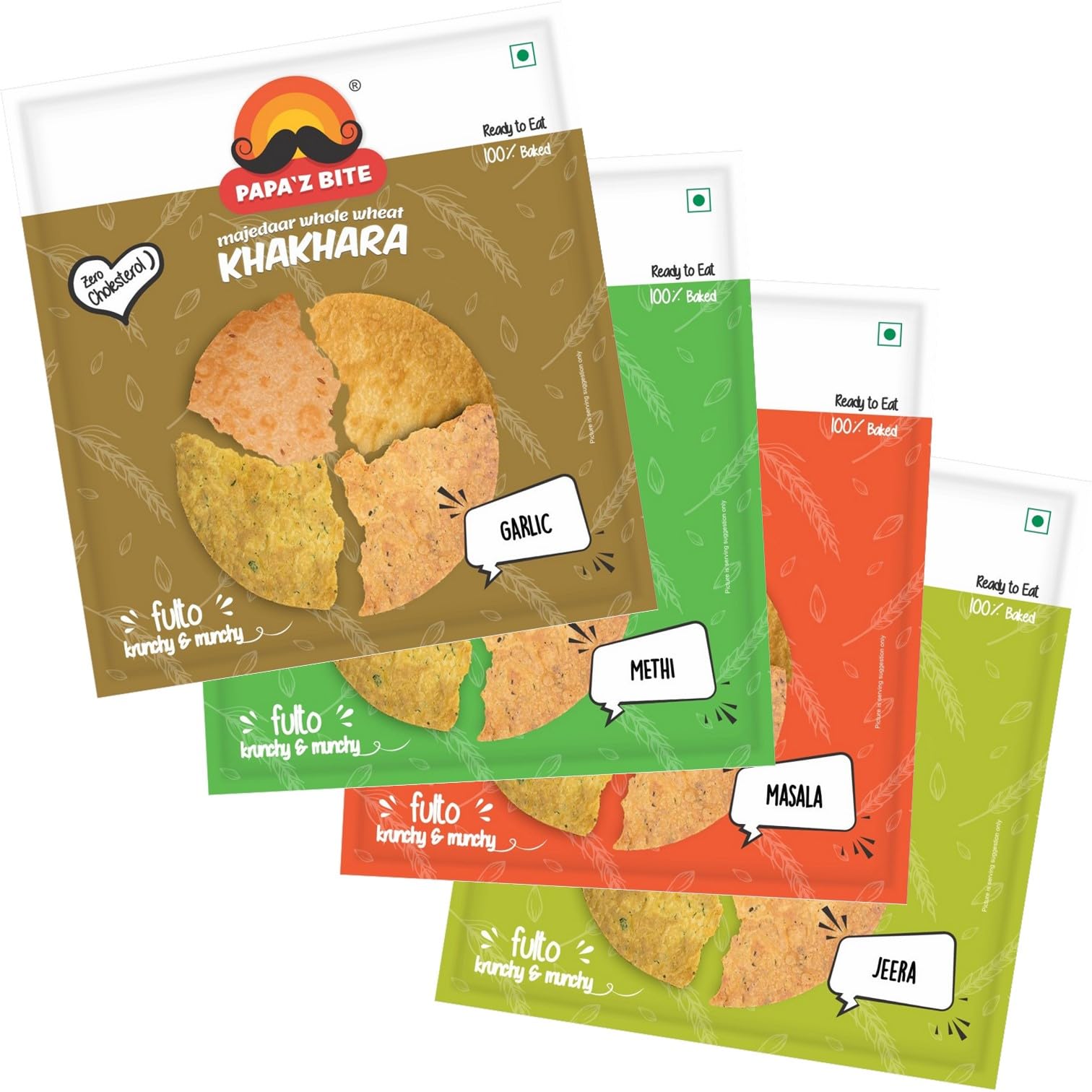 Papa’z Bite Khakhra 4 Flavour Combo of Garlic, Methi, Masala & Jeera, Ready to Eat Khakhra, Healthy Gujarati Indian Snacks, Assorted Pack, Mix Flavour, 180g Each