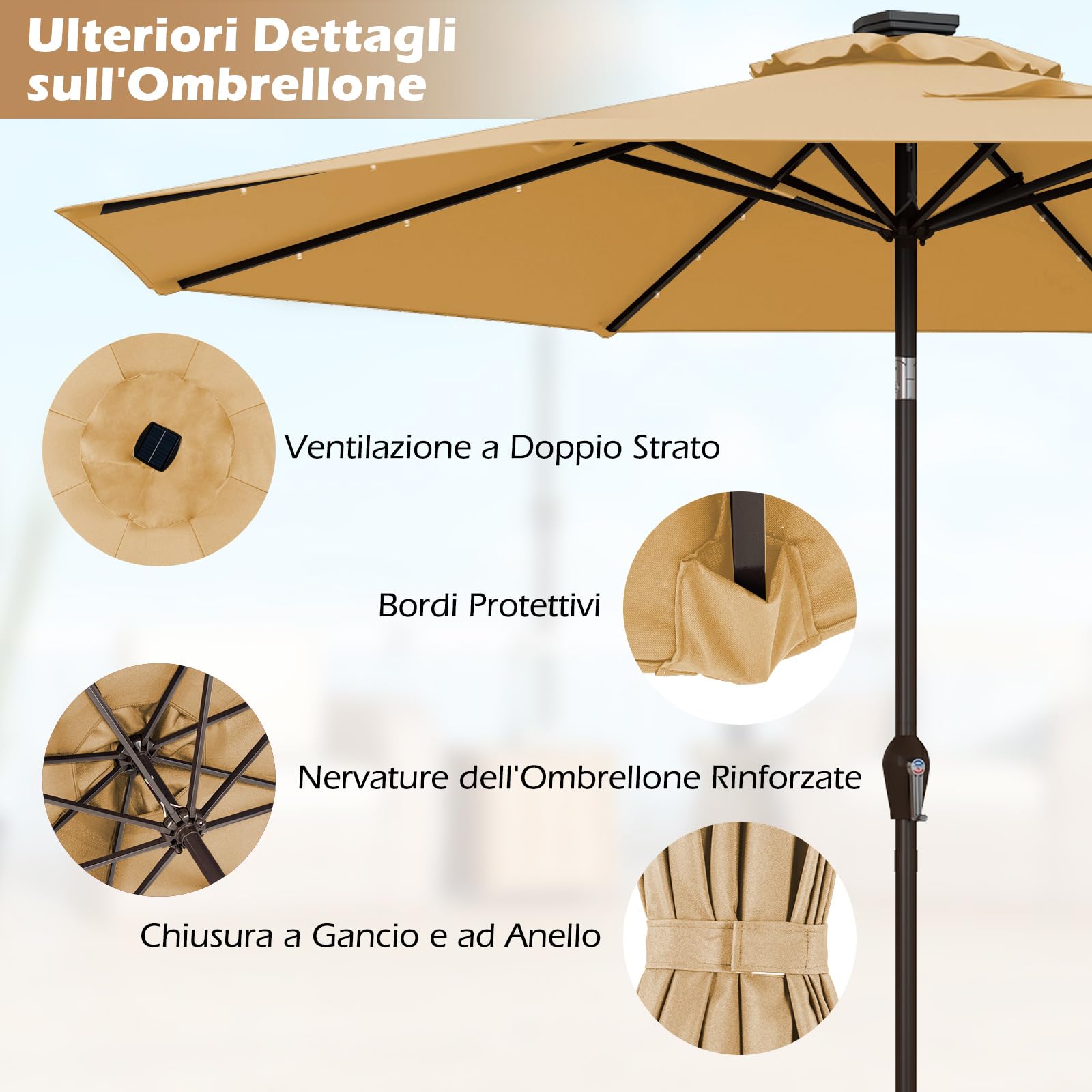 COSTWAY Ombrellone da Giardino da 300 cm, Parasole per Esterno con 24 Luci LED, con 8 Stecche in Metallo, Manovella e Inclinazione Regolabile, per Giardino, Coltile, Piscina (Beige)