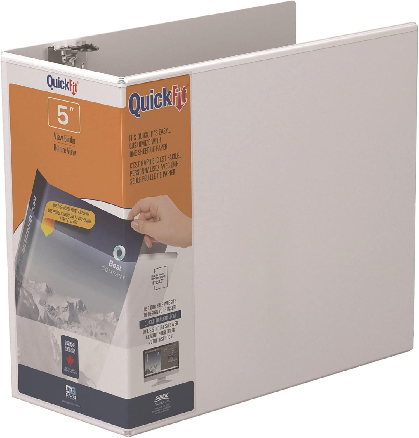 Stride® QuickFit® Angle D-Ring View Binders, 5" Rings, 46% Recycled, White