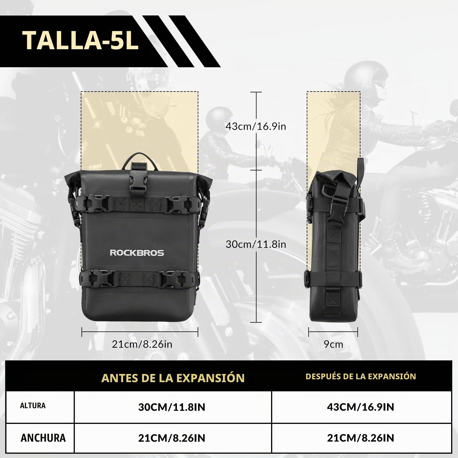 ROCKBROS Alforja Lateral para Moto, Bolsa Almacenamiento para Motocicleta Impermeable, Negro