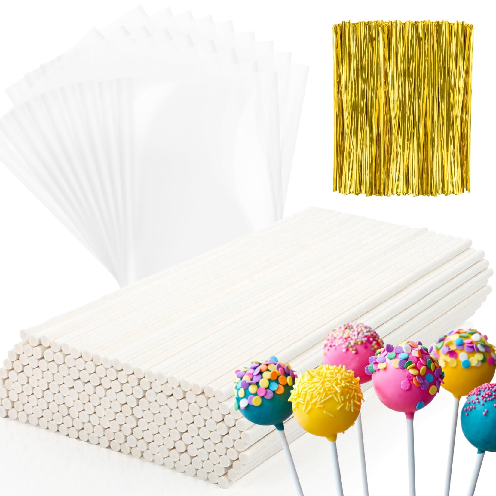 RAINFLOW 600 Pcs Cake Pop Sticks and Wrappers Kit - Lollipop Sticks and Wrappers Including 200ct Cake Pop Stick,200ct Treat Bags,200 Pcs Twist Ties