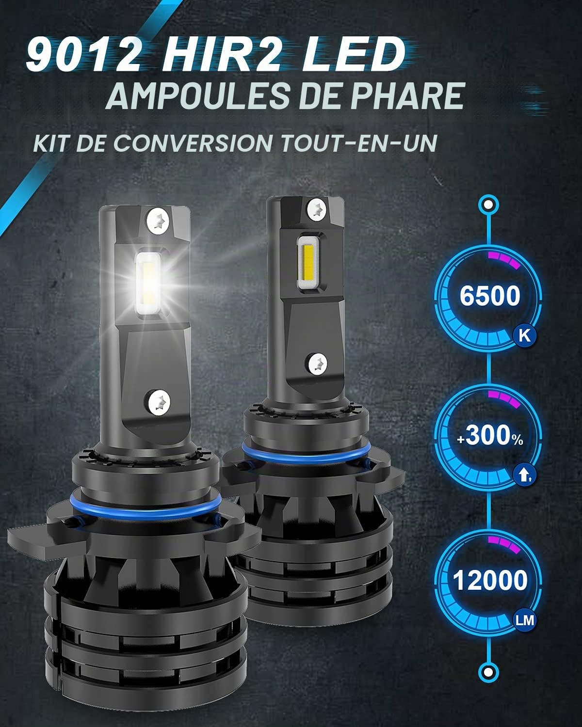 KaTur 9012 HIR2 Ampoules de phare à leds Mini conception améliorée Puces 12000 lumens Kit de conversion de phares étanche tout-en-un à LED 55W 6500K blanc xénon-2 ans de garantie