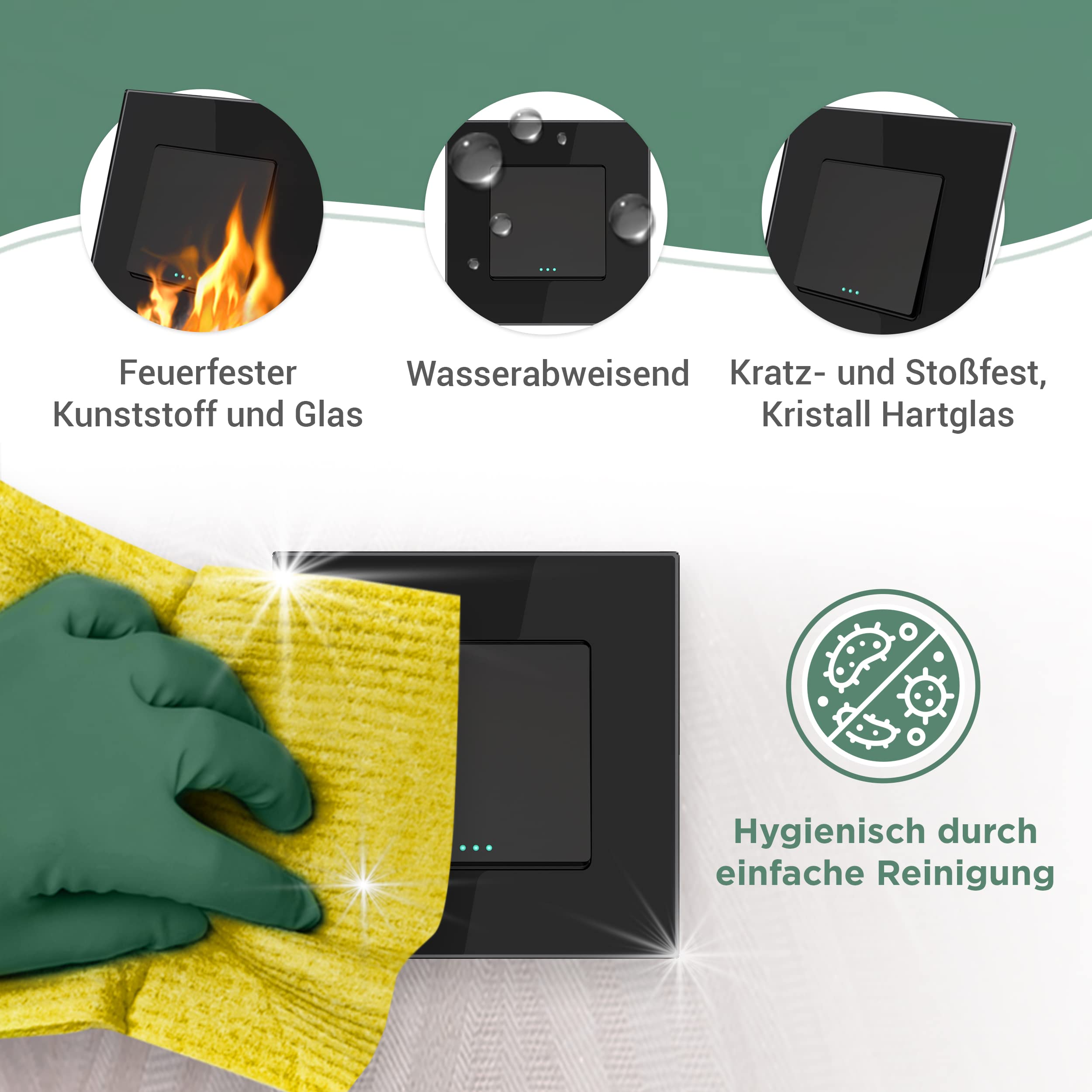 PULSAR Lichtschalter mit Steckdose Unterputz Schwarz Glas, Kombination 2-Fach mit Glasrahmen, Ein-Aus Schalter 1-Weg und Schutzkontakt-Steckdose 16A, 157 x 86mm