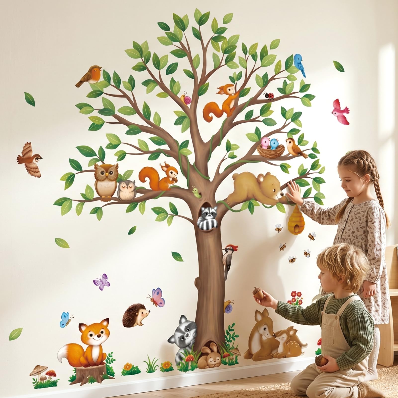 Decowall Animal Tree Woodland Tree Animals Wall Stickers Peel And Stick Removable Decals For Kids Bedroom Nursery Living Room And Playroom - Squirrels, Owls, Rabbits, (Sg4-2510)