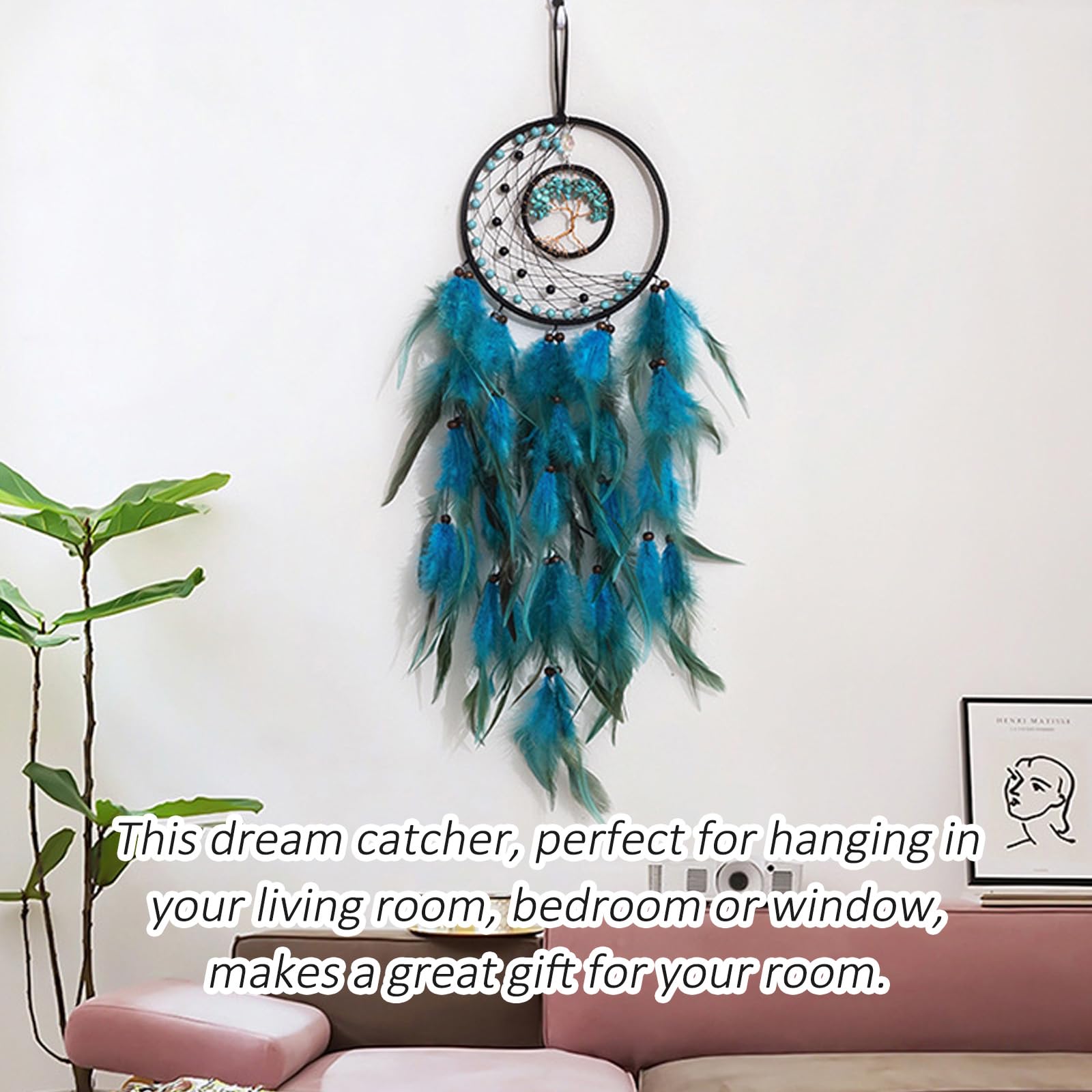Acchiappasogni Piume Decorative, Blu Dream Catcher, Acchiappasogni con Piuma Appendere Decorazione per Casa Camera Parete Appeso Ornamento Artigianato Regalo Festa