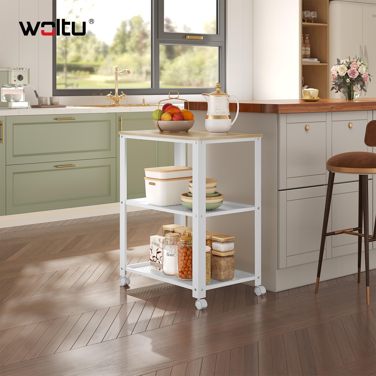 WOLTU Carro de Cocina de 3 Niveles, Estanteria con Ruedas, Carrito Auxiliar con Estantes Metálicas, para Cocina, Salón y Baño, 60x40x76 cm (Blanco+Roble Claro)