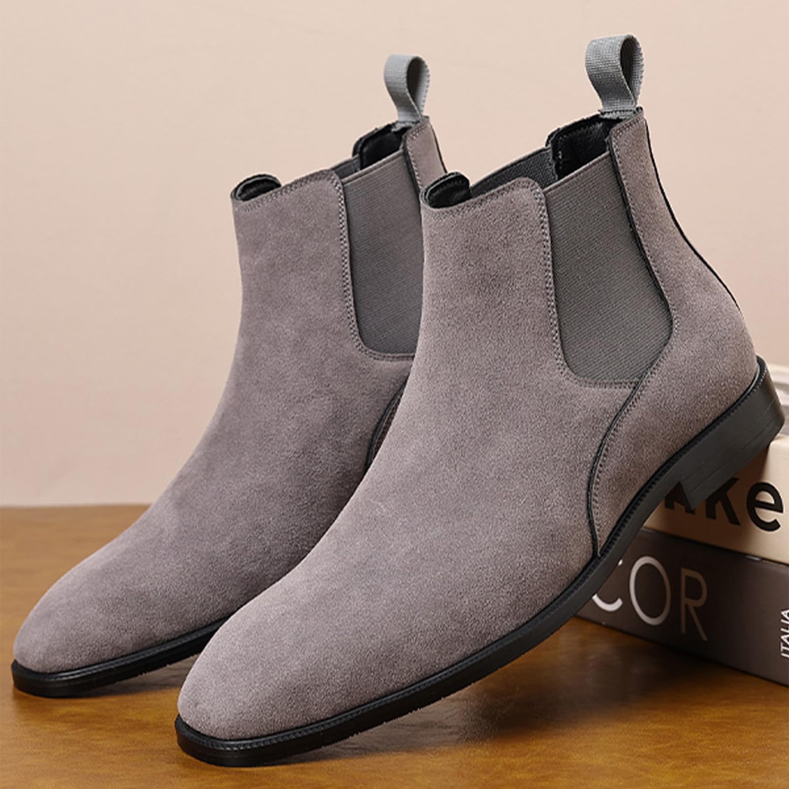 ANUFER Hombres Vacuno Cuero de Ante Botas Chelsea Punta Cuadrado Slip On Vestido Botines de Tobillo