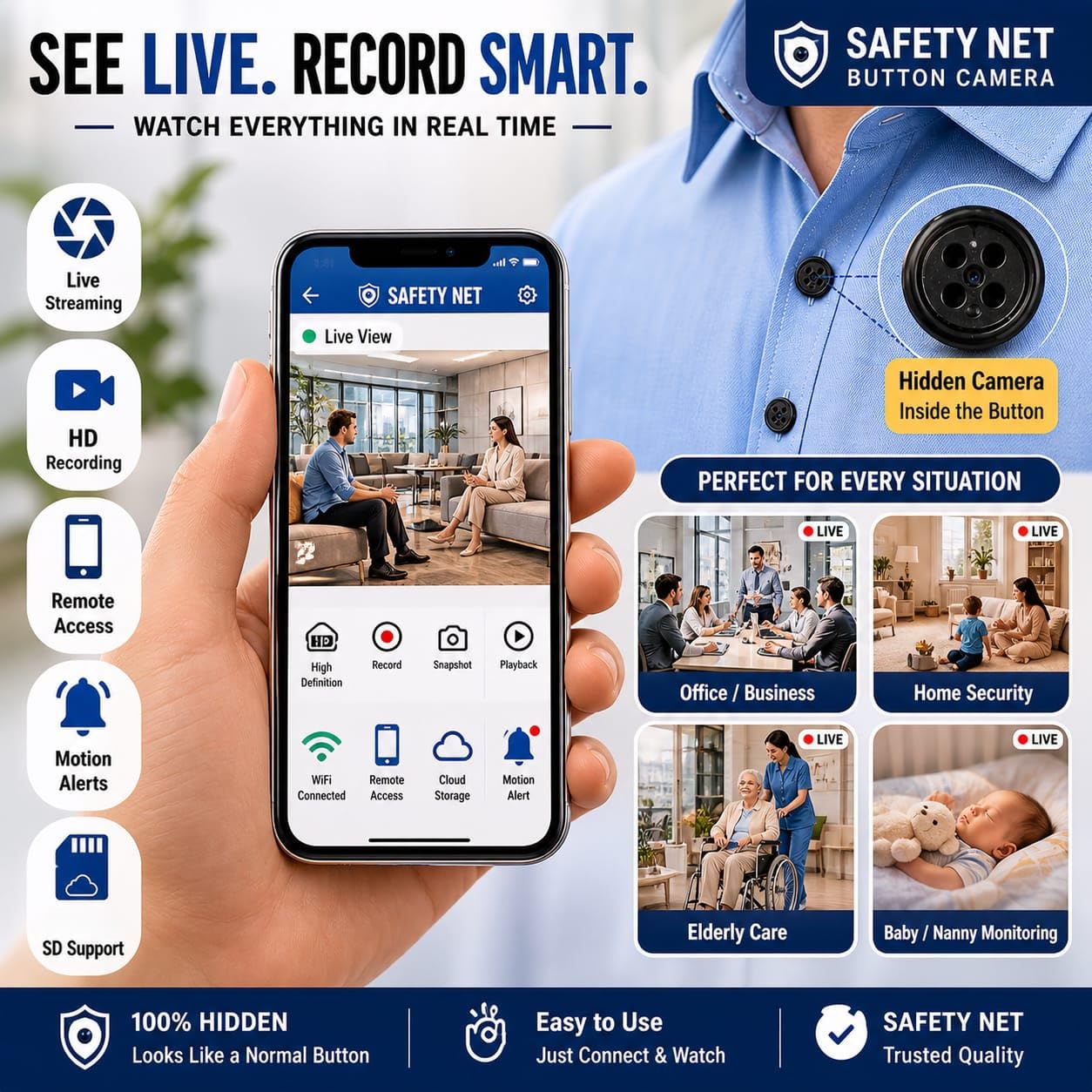 SAFETYNET WiFi Button Camera | 1080P Full HD Hidden Spy Camera | IWF CAM App | Flexible Bendable Design | 32GB Memory Support with Compression | Live View on Mobile & Laptop | Audio Video Recording — Amazon image 5