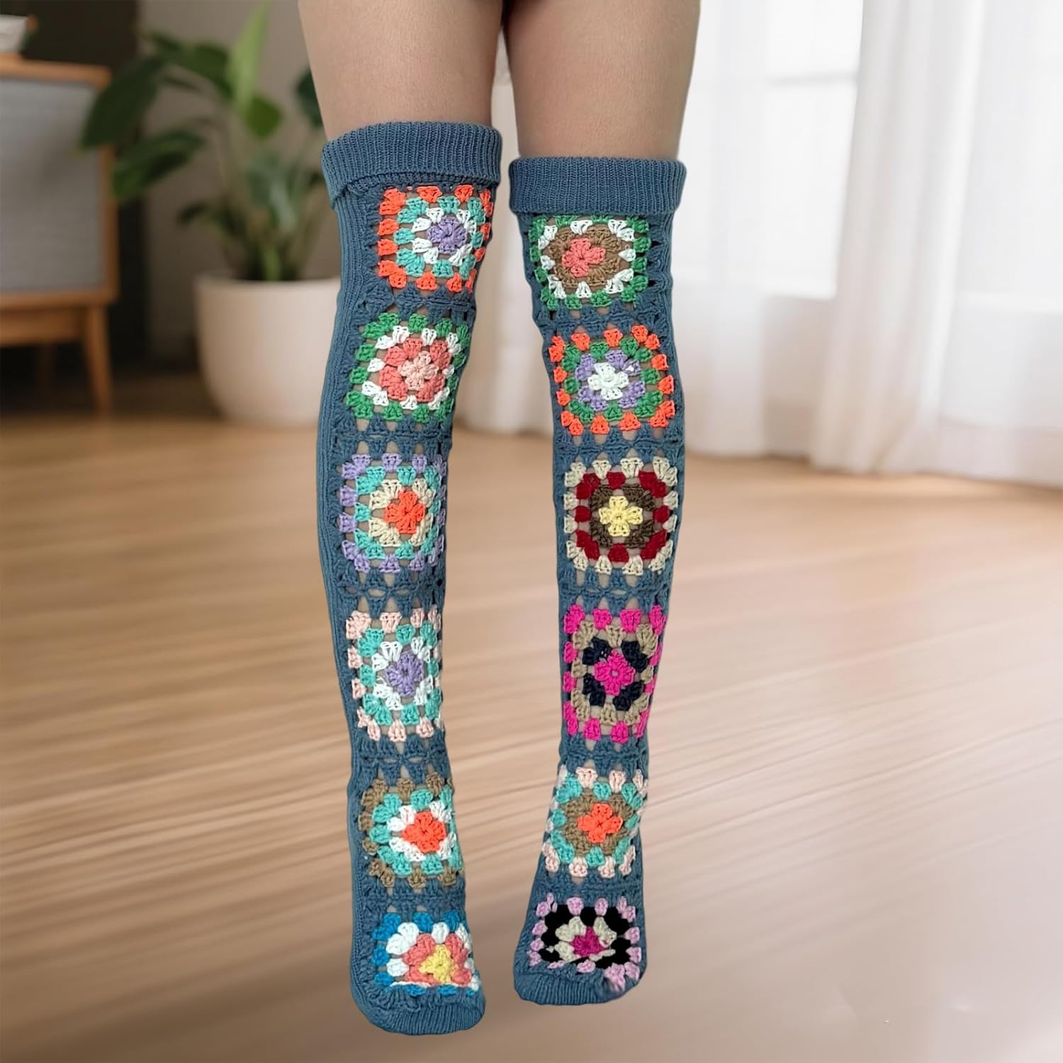 Women Thigh High Square Socks Warm Ethnic Hippy Crochet Cable Knit over the Knee Boot Socks Leg Warmers - Image 2