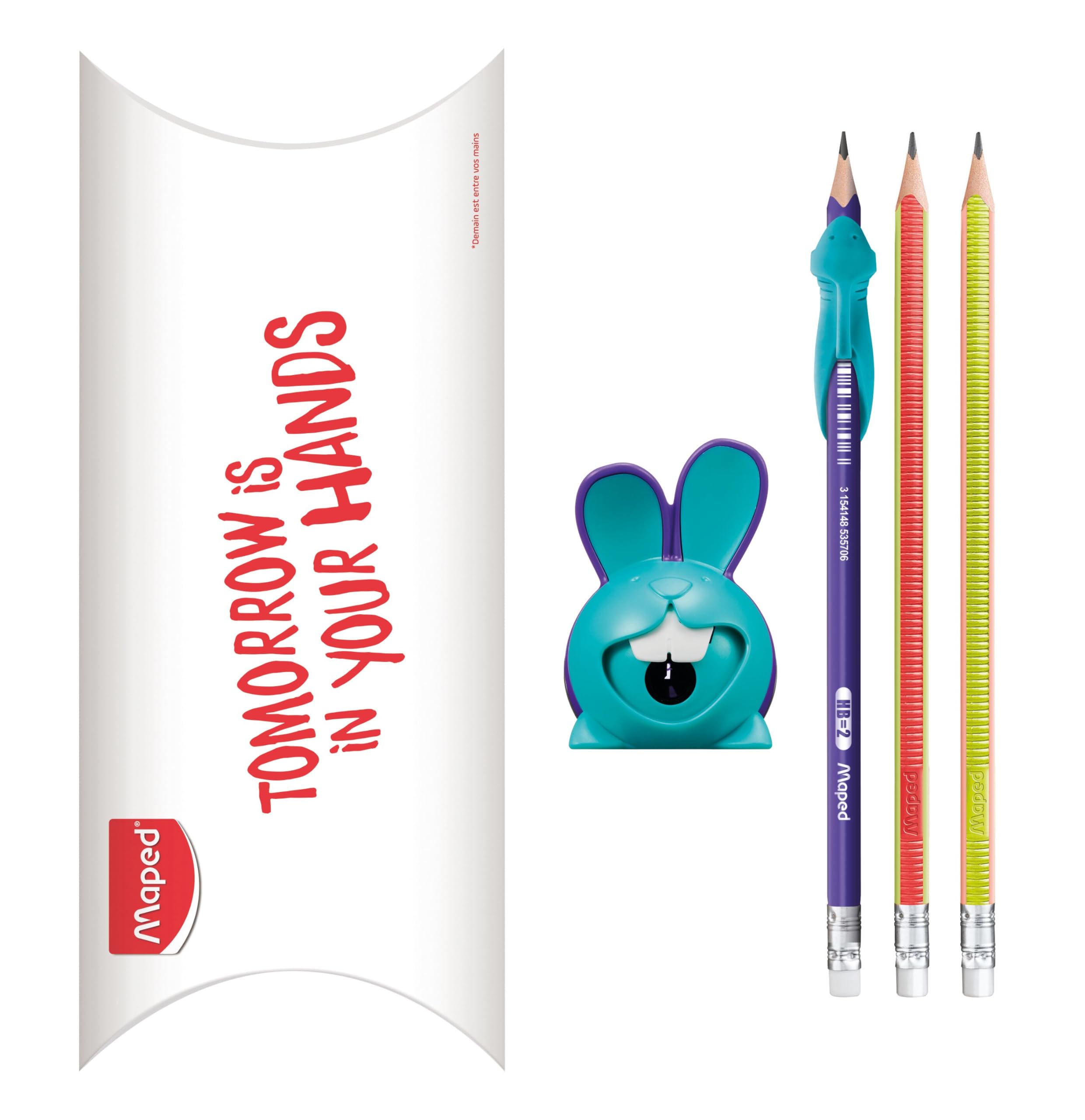 Maped - Learning to Writing Kit - Rabbit Fang Pencil Sharpener + 1 Graphite Pencil with Shark Finger Guide + 2 Kidy Learn Pencil