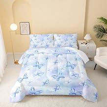 QOOMO Butterfly Kids Queen Comforter Set 3Pcs Blue Bow Tie Bedding Set for Girls Boys Super Soft Butterfly Bowknot Printed Comforter with 2 Pillowcases Lightweight Microfiber for All Seasons
