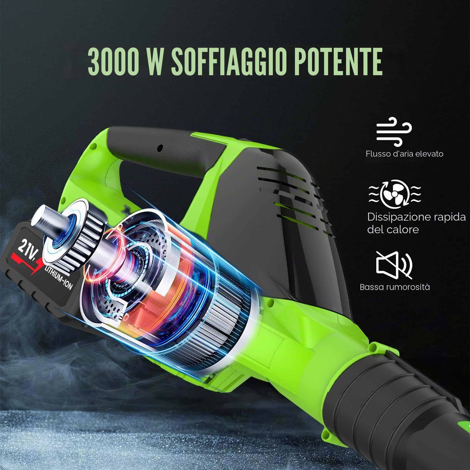 Soffiatore Aspirapolvere a Lame con Batteria 21V Aspirapolvere Foglie Jardin 3000W Ventilatore a Foglie Potente a 5 Velocità Ventilatore da Neve per Giardino e Cura