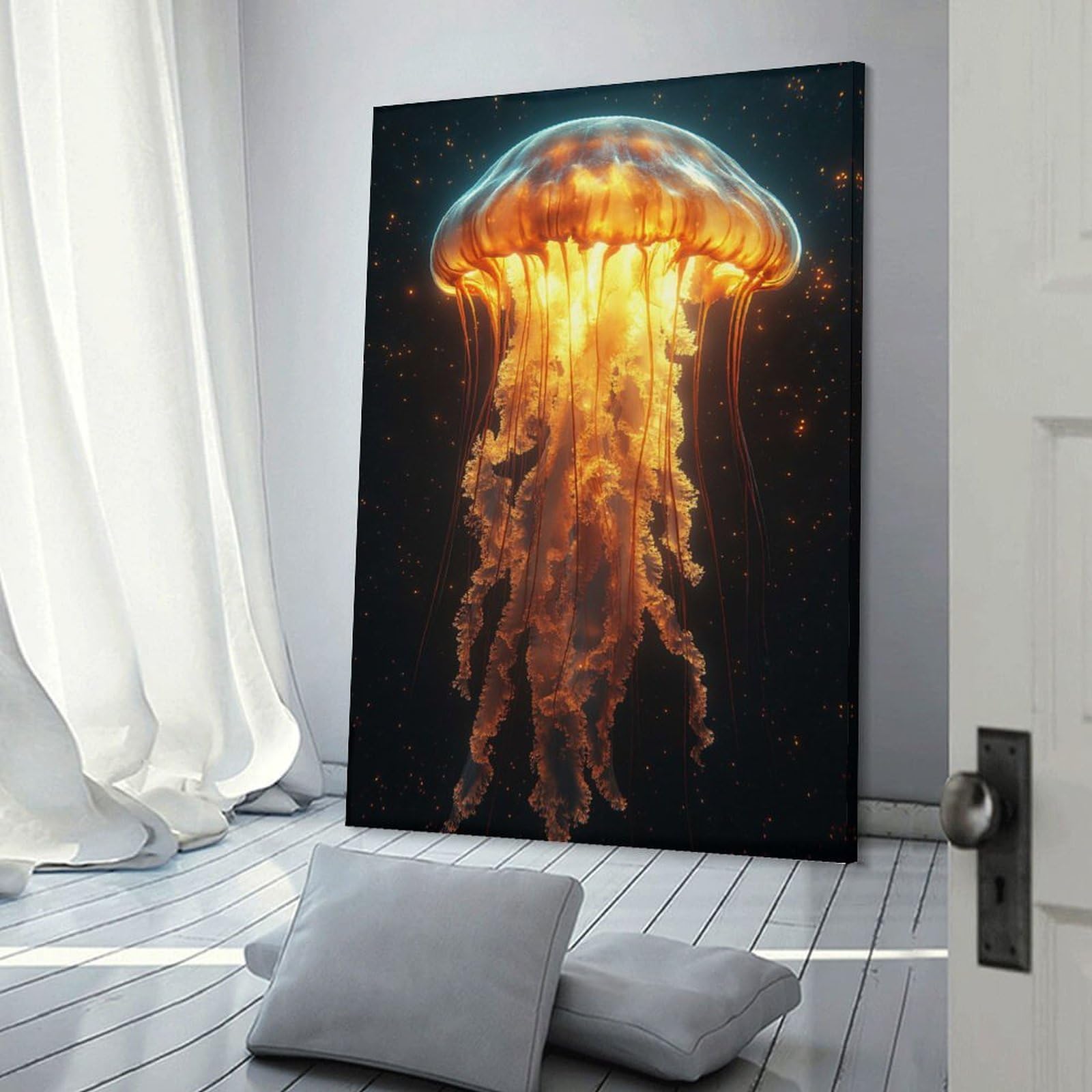 Junmoney Frame-Style-21 Glowing Jellyfish In Deep Space Wall Decor Canvas Print, 16X24inch(40X60cm), For Wall Displays, Bedrooms Or Room Updates, Wall Decor Suited To Curated Displays