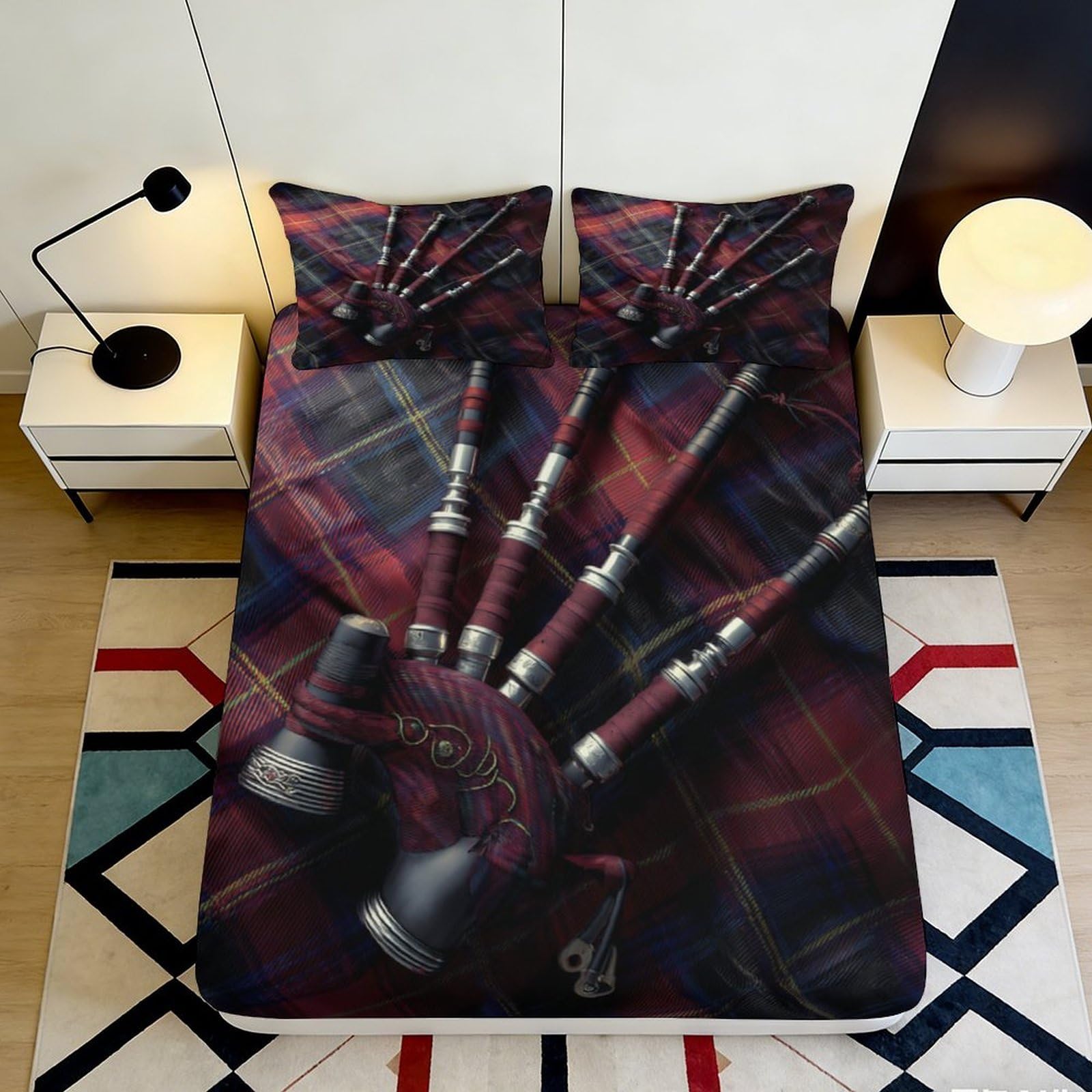 3D Printed Scottish Tartan Bagpipe Fitted Sheet Microfiber Non-Slip Bed Cover for Bedroom Dorm Guest Room Mattress Protection 90x200x25cm