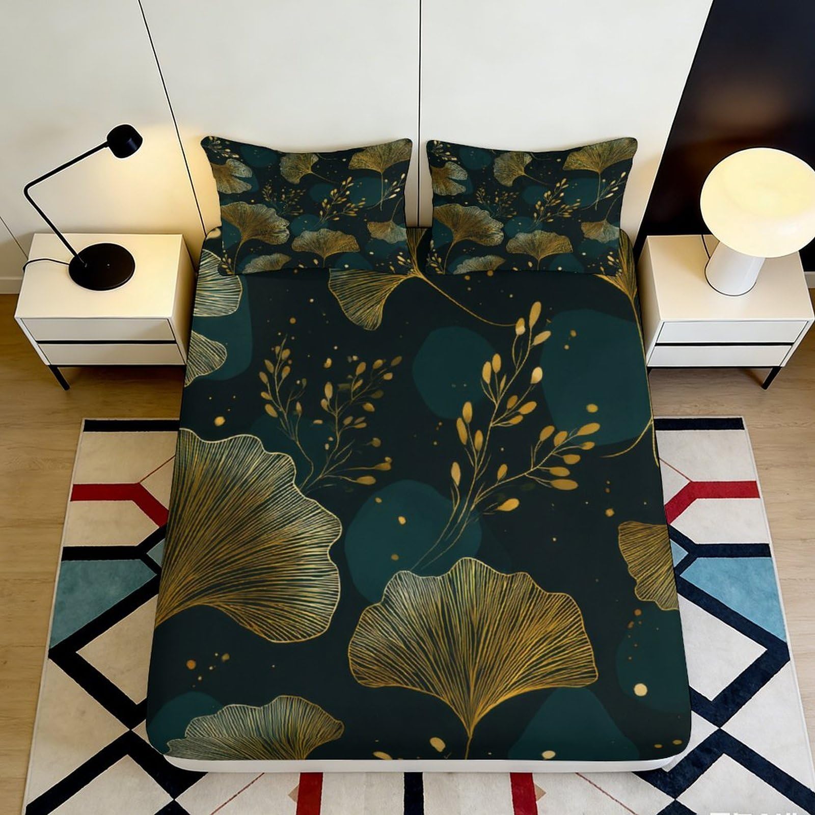 3D Printed Golden Ginkgo Leaf Fitted Sheet Microfiber Soft Breathable Botanical Art Mattress Cover for Bedroom Dorm Mattress Protection Decor 160x200x25cm
