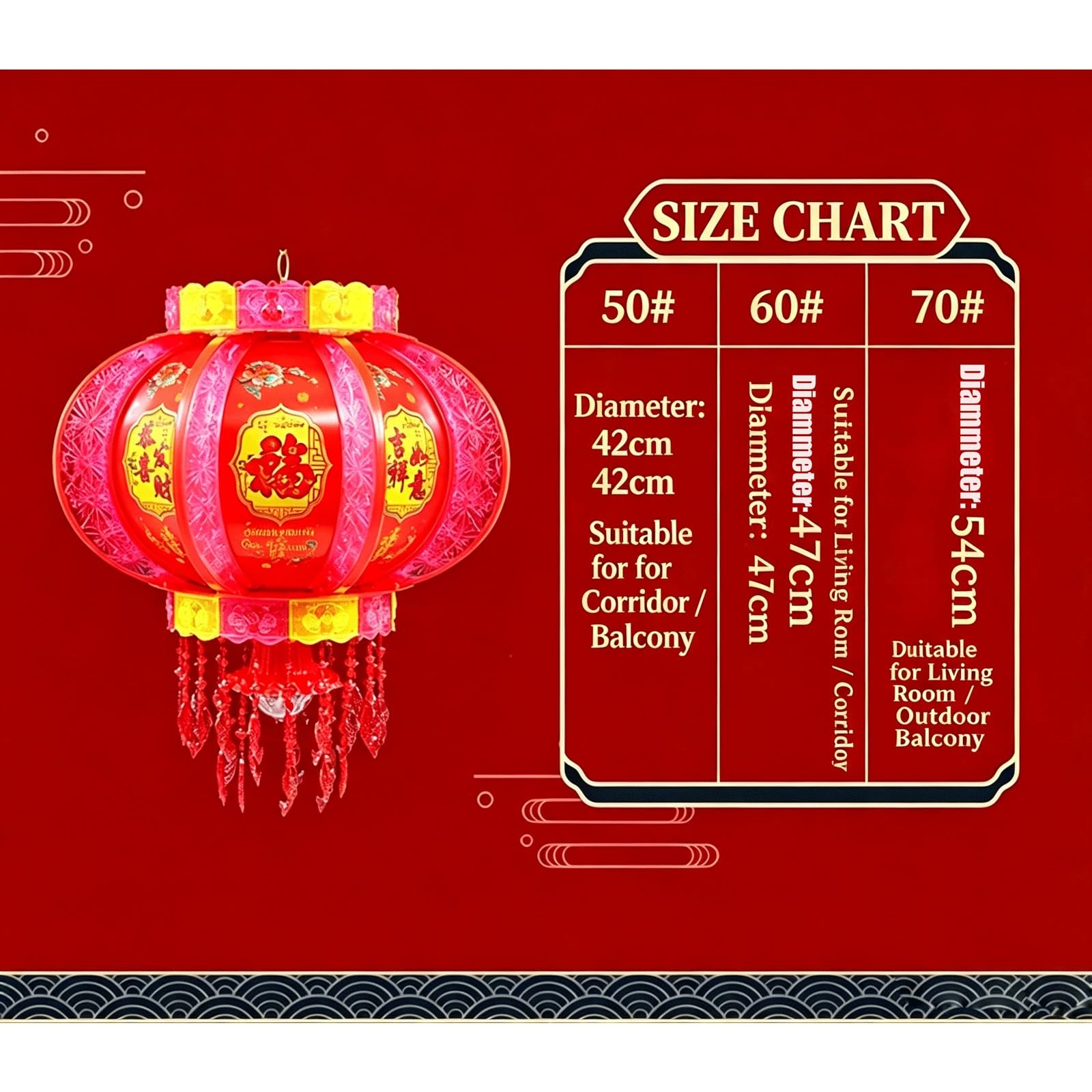 Lucky Fu Lantern Duże czerwone chińskie lampiony okrągłe 42/47/54cm