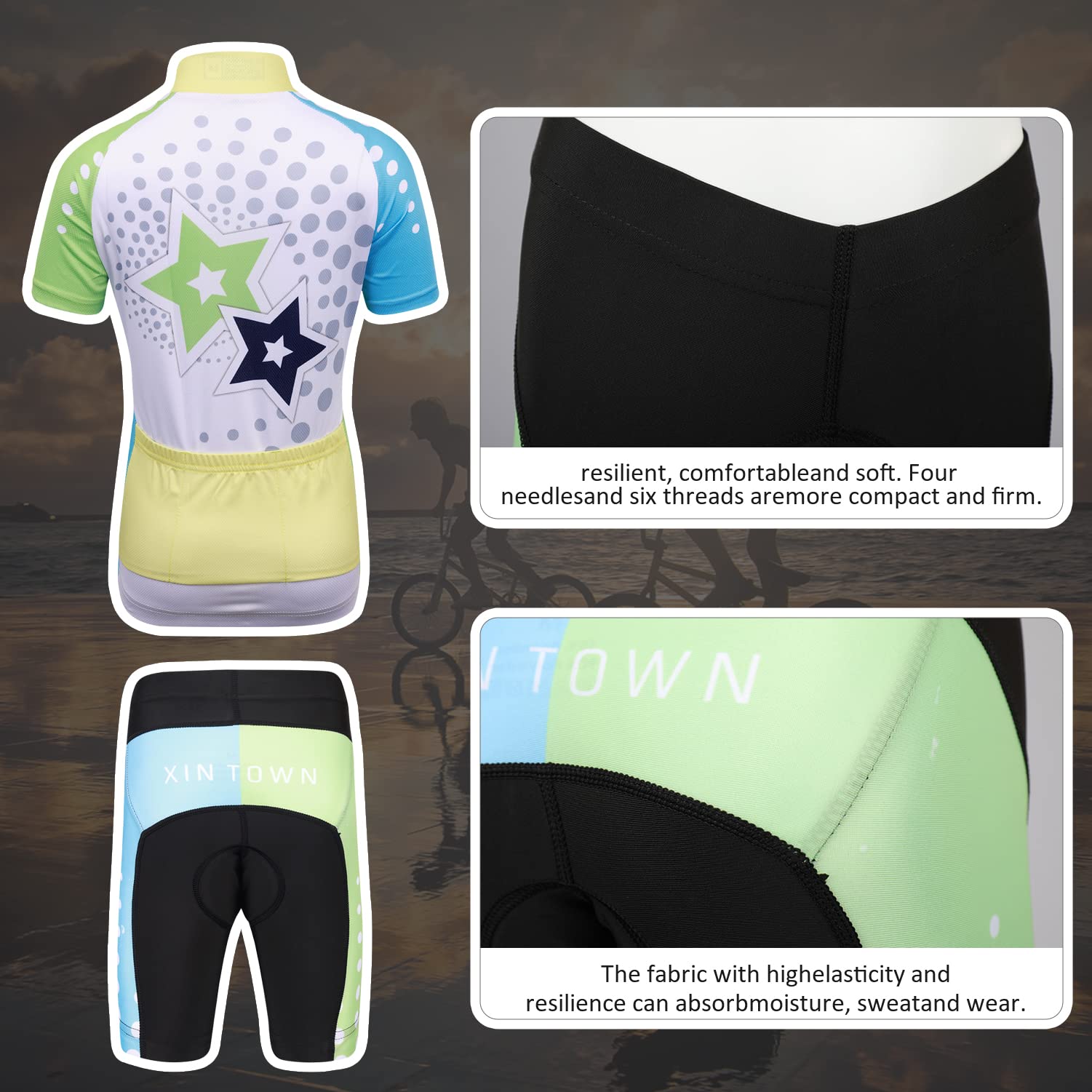 Maillot de Cyclisme Garçon Fille Cuissard Vélo T-Shirt Cyclisme à Manches Courtes Combinaison VTT pour Unisexe Enfant