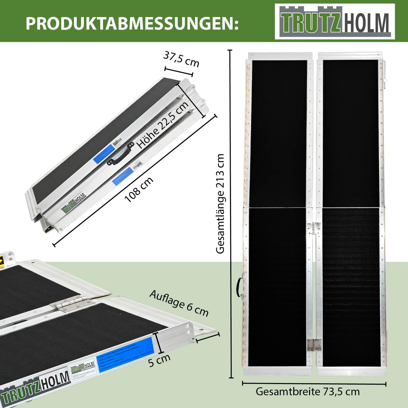 TRUTZHOLM Rollstuhlrampe Auffahrrampe 2-Fach klappbar 213 cm Traglast 272 kg Alu grau schwarz beschichtet