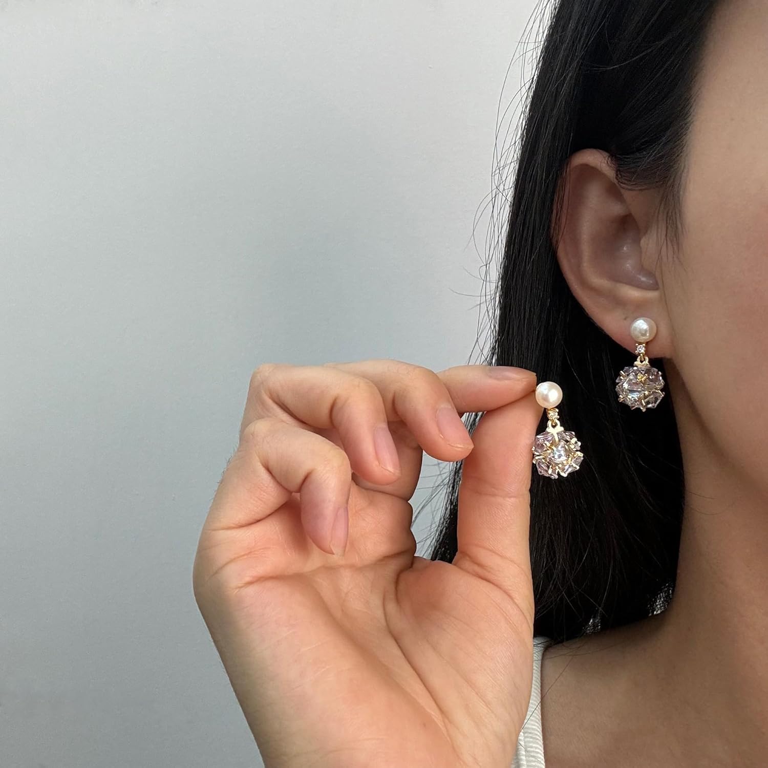 Handmade Freshwater Cultured Button Pearl CZ Crystals Drop Earrings for Women, 14K Gold Plated - Image 4