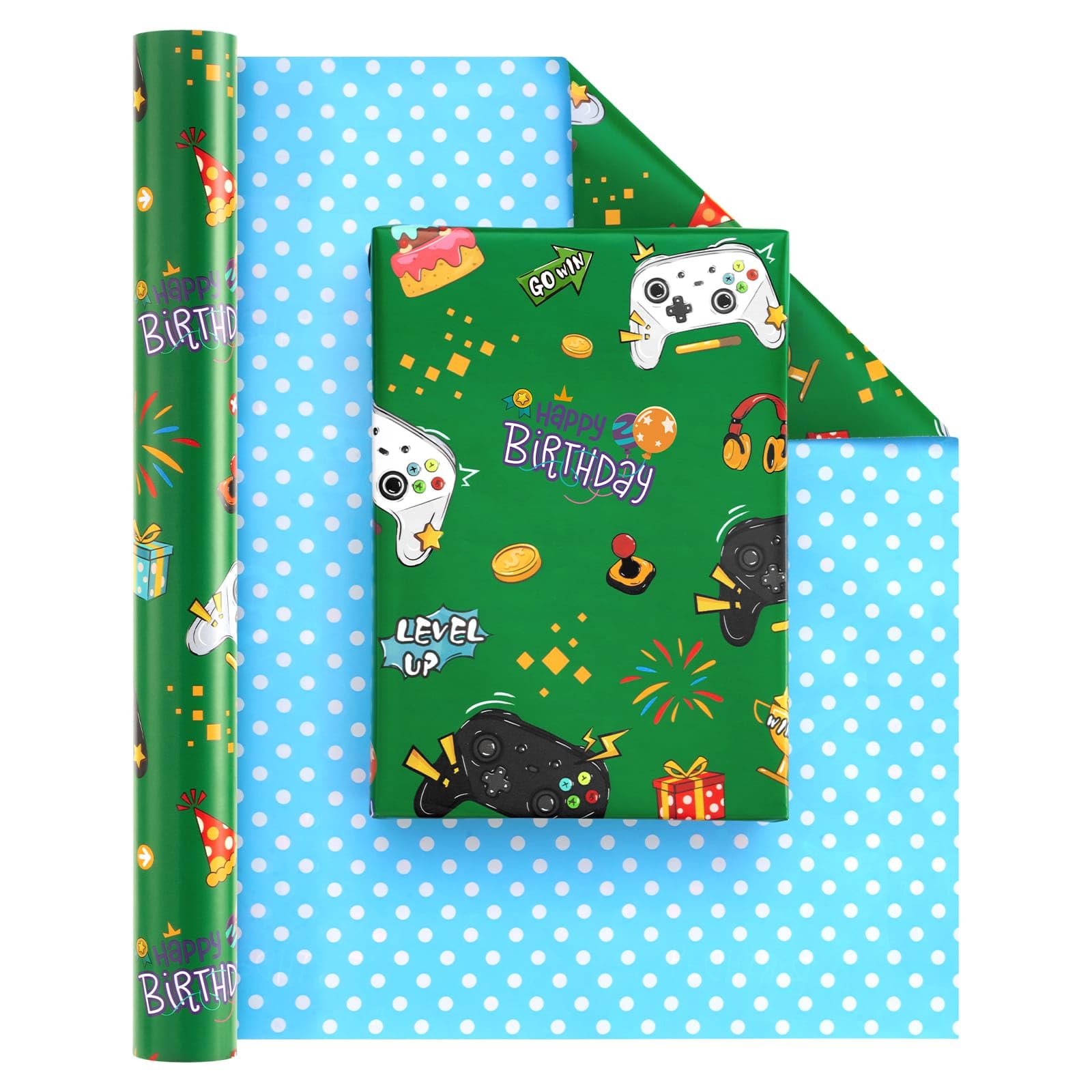 WERNNSAI Gaming Wrapping Paper Roll - 1 Roll Birthday Reversible Wrapping Paper Roll Video Game Wrapping Paper Kids Boys Happy Birthday Party Gift Wrap Green Wrapping Paper 17” x 33 ft