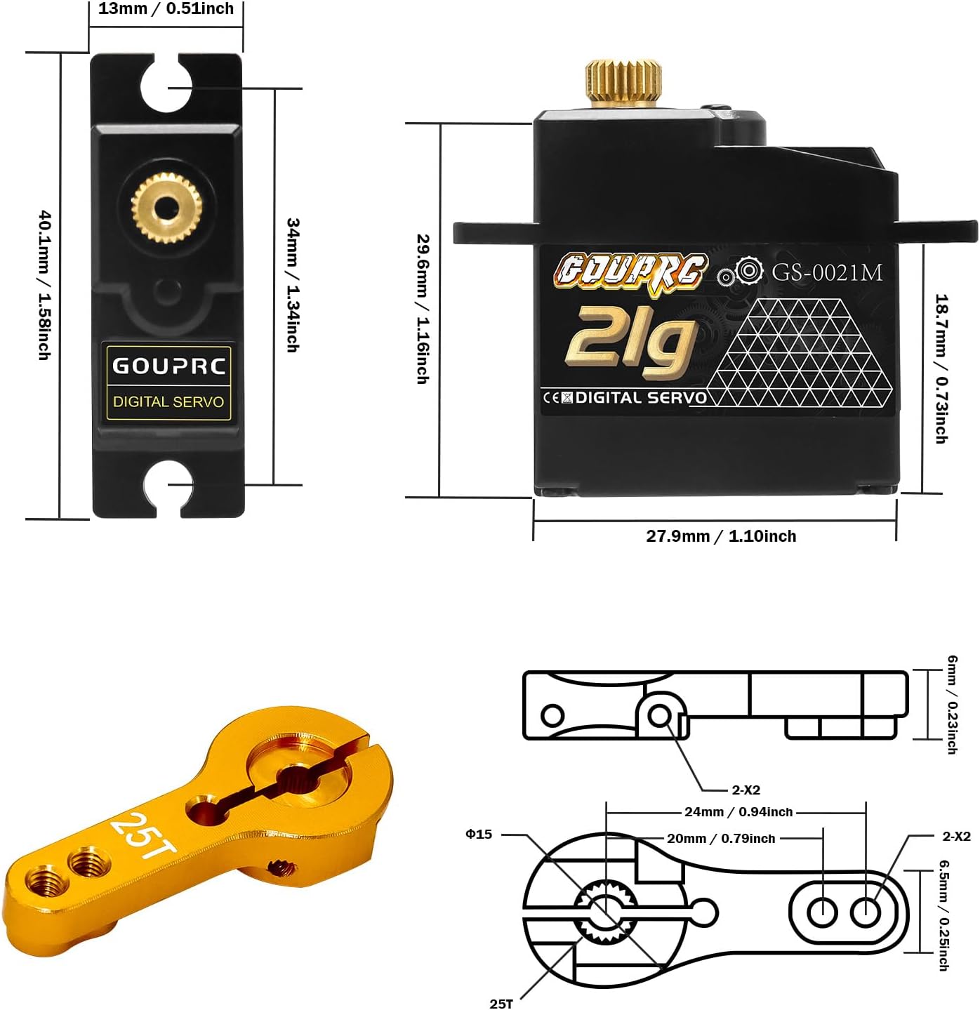 GOUPRC 21G Micro Mini Digital Servo of Metal Gears with 25T Servo Horn for 1/14 1/16 RC Crawler Car Upgrade Servo Parts Model Boat Airplane Robot (1PC)
