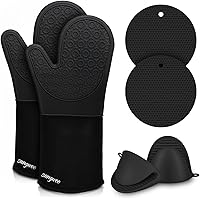Vista 13 de sungwoo Guantes de horno de silicona, resistentes al calor, con forro acolchado, agarre texturizado antideslizante, perfectos para barbacoa, Negro