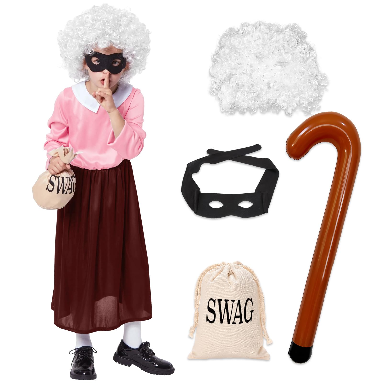 Formemory Granny Costume Old Lady Fancy Dress with Dress,White Curly Wig,Inflatable Cane,Swag Drawstring Bag and Black Eye Mask for World Book Day Costume