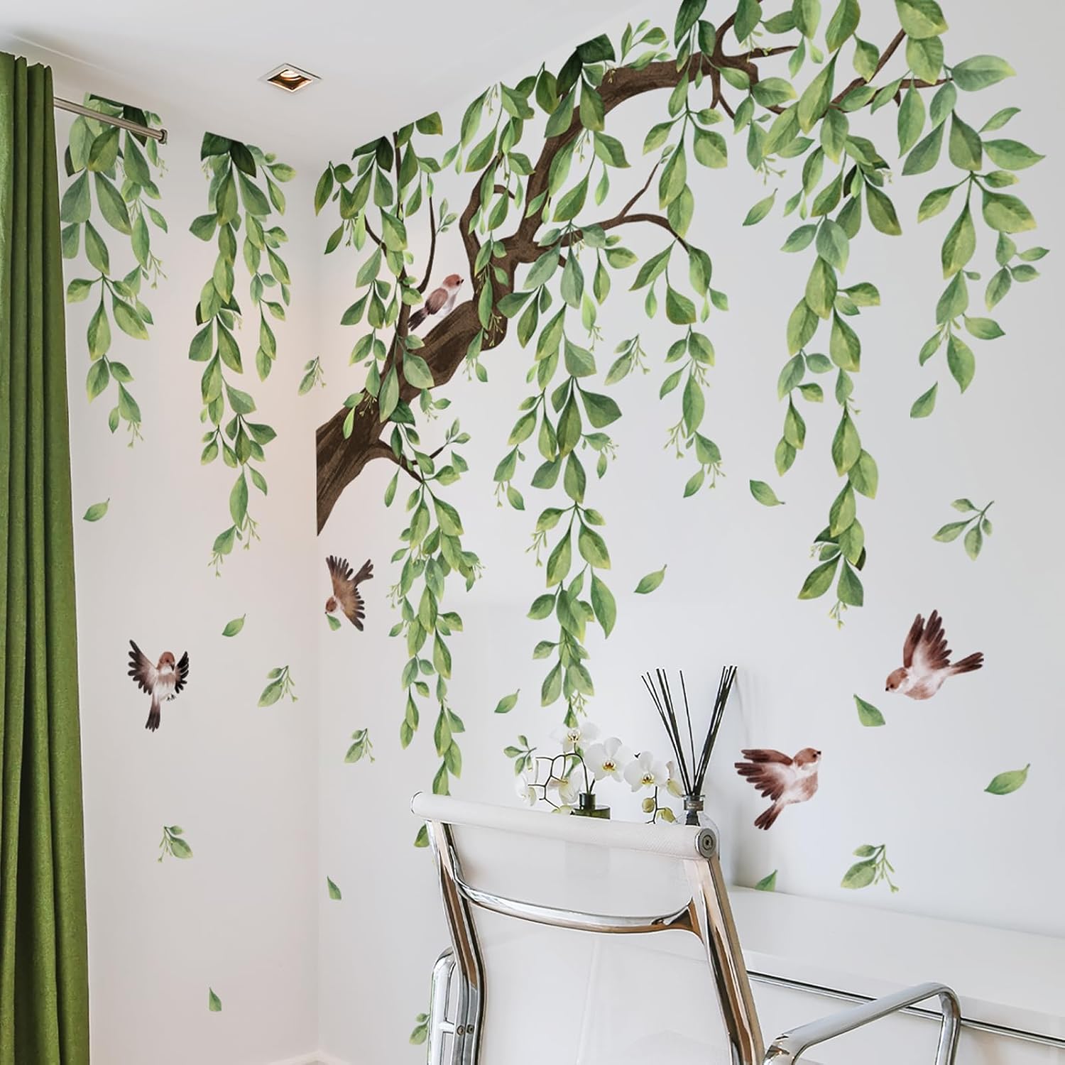Large Green Leaves Wall Sticker Watercolor Branches with Birds Wall Decals Right-Extending Peel and Stick Decor for Bedroom Living Room TV Background