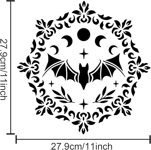 Miniatura 3 de MAYJOYDIY Plantilla de pintura de murciélago y fase lunar de 11.8 × 11.8 pulgadas, luna creciente, estrella, flor, reutilizable, material para