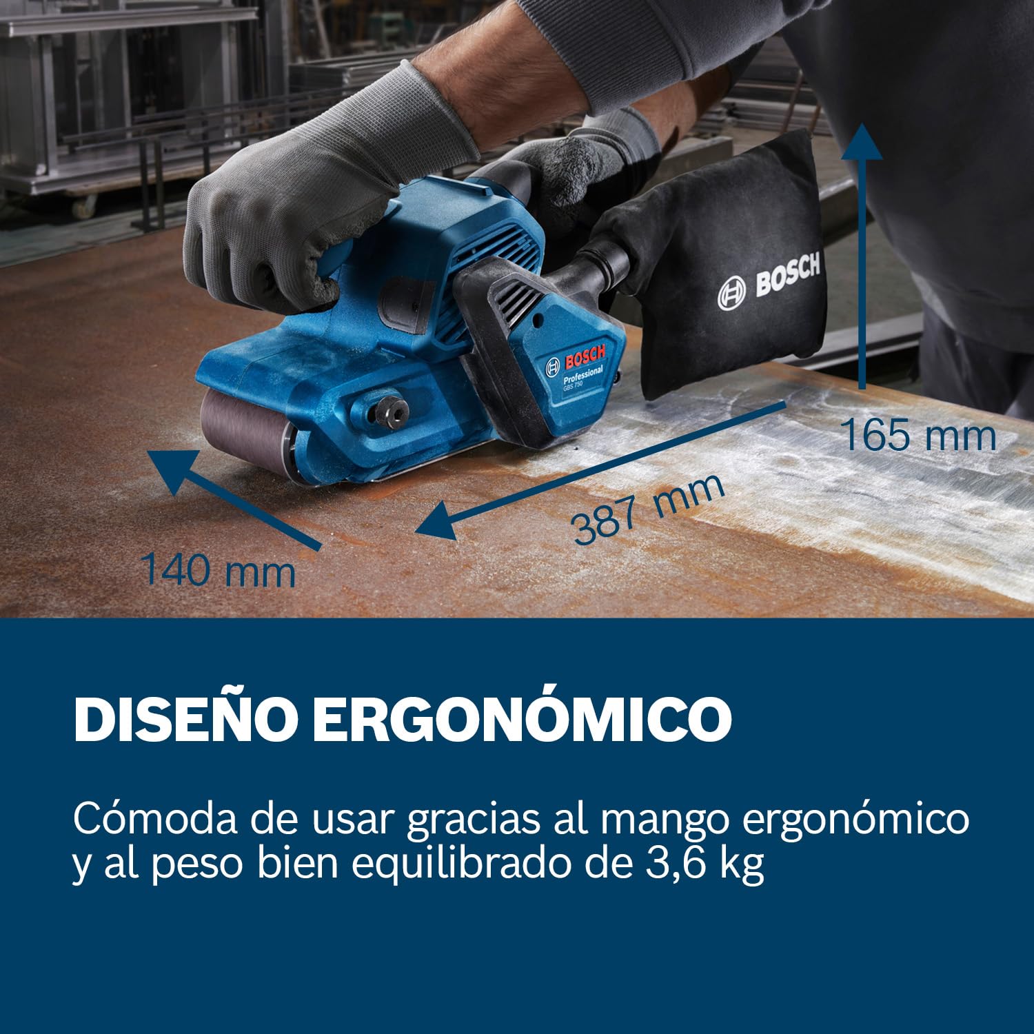 Bosch Professional lijadora de banda GBS 750 (motor de 850 W, con bolsa para lijado de tela, bolsa para polvo)