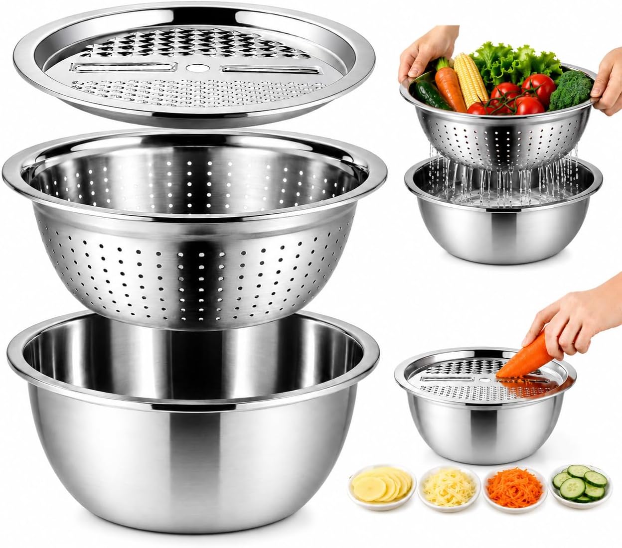 Cabilock Stainless Steel Grater Bowl, 3-in-1 Vegetable Grater with Drain Basket and Salad Bowl, Multipurpose Kitchen Strainer Shredder for Cheese, Carrots, Potatoes, Cucumbers and Food Prep, 10.2 Inch