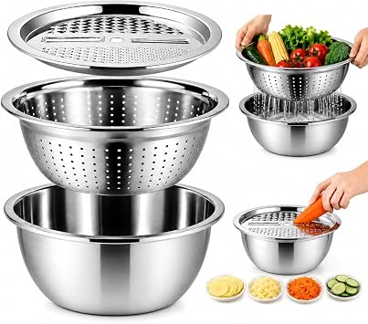 Cabilock Stainless Steel Grater Bowl, 3-in-1 Vegetable Grater with Drain Basket and Salad Bowl, Multipurpose Kitchen Strainer Shredder for Cheese, Carrots, Potatoes, Cucumbers and Food Prep, 10.2 Inch