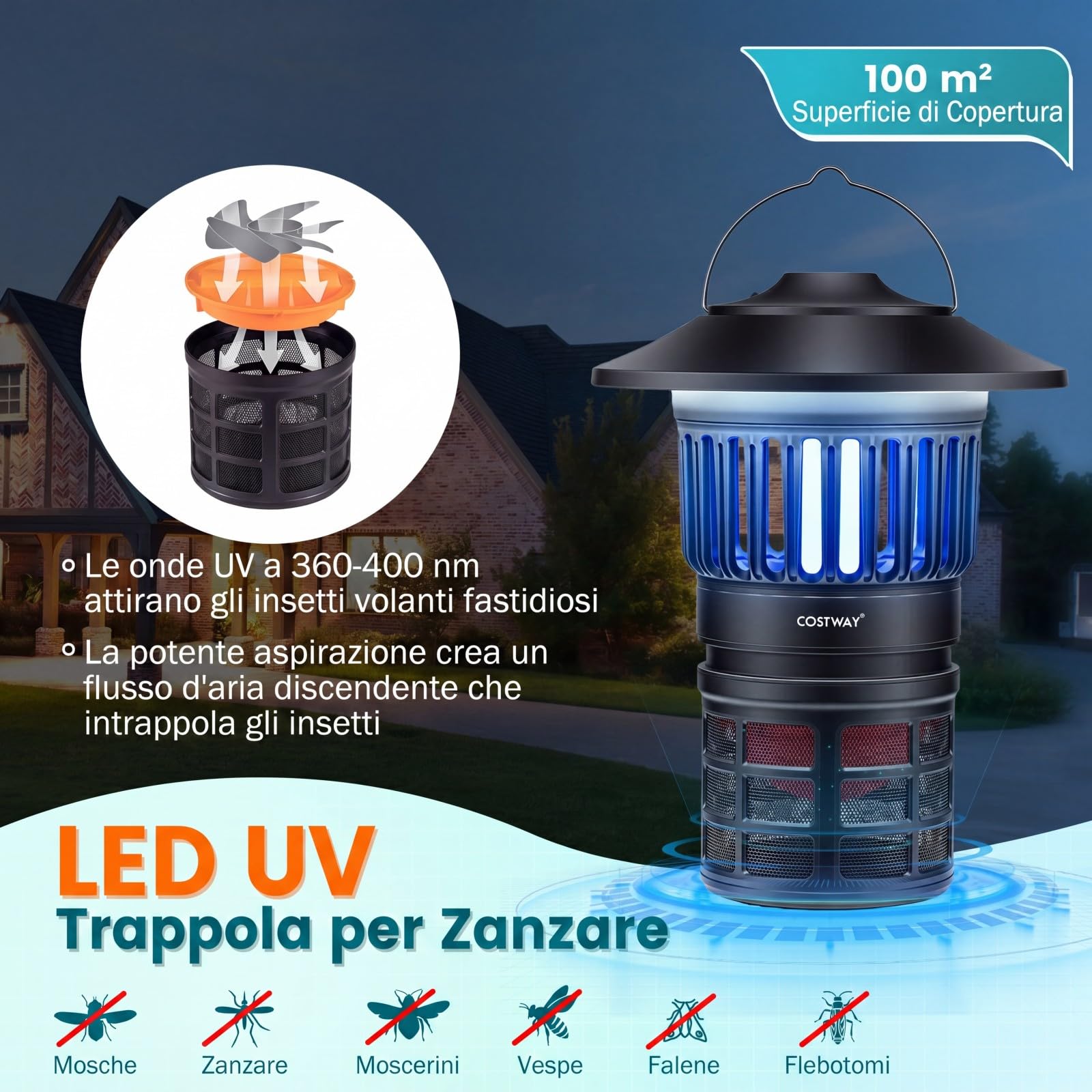 COSTWAY Lampada Antizanzare Elettrica, 2 in 1 Lampada Zanzare Esterno Impermeabile con Luci Regolabili, Batteria Ricaricabile e Maniglia, Trappola per Zanzare per Campeggio e Picnic
