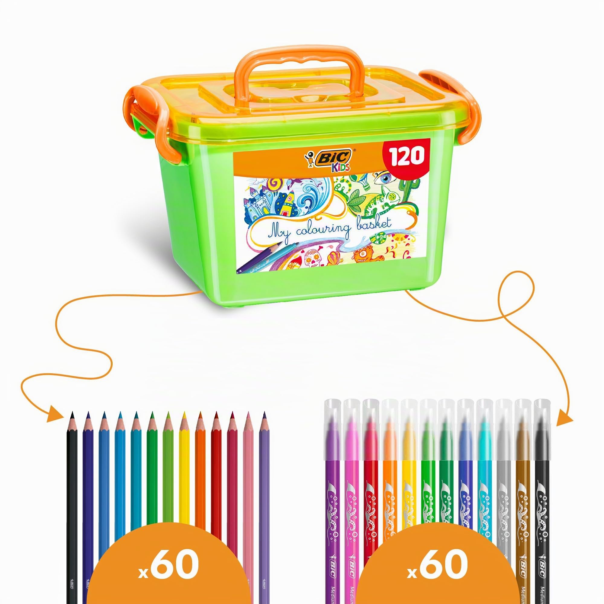 BIC Kids My Colouring Basket, Set Colori per Bambini, 60 Matite Colorate + 60 Pennarelli Colorati, 120 Unità, Idea Regalo, Cancelleria Casa e Scuola
