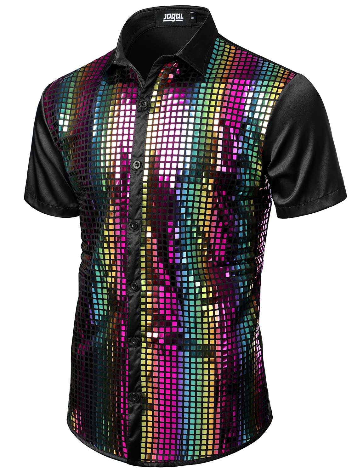 JOGAL - Camicia con paillettes stile discoteca anni '70, a maniche corte per uomo