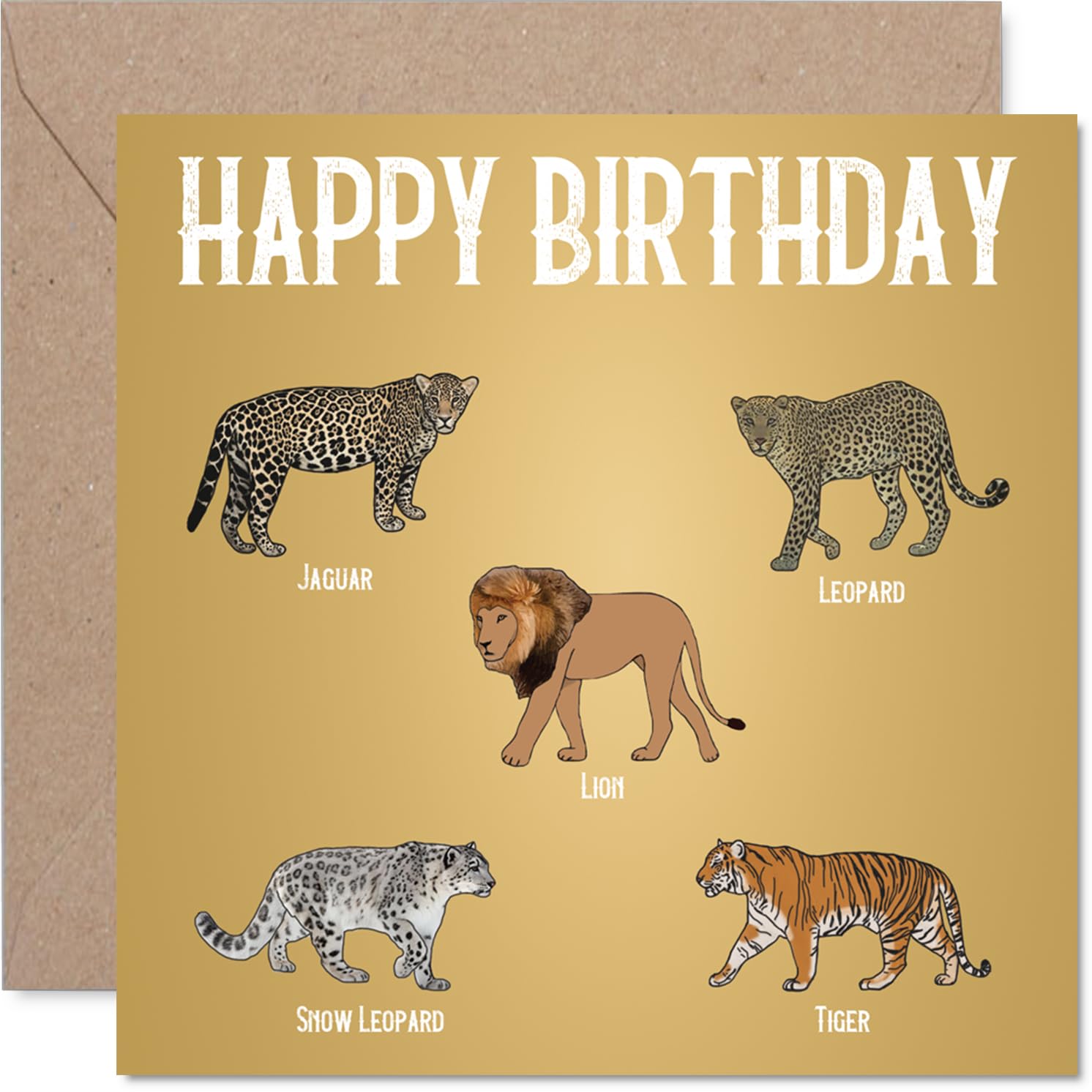 Playful Birthday Card - Big Cat Birthday Bash - Vibrant Wildlife Design with Gold and Black Accents - Ideal for Animal Lovers - 145mm Square, Envelope Included