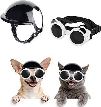 LESYPET Ultra Small Dog Goggles and Helmet, Cute Puppy Sunglasses UV400 UV Protection Windproof Dustproof Dog Motorcycle Riding Helmet for Chihuahua Yorkshire Terrier Cat Black+White