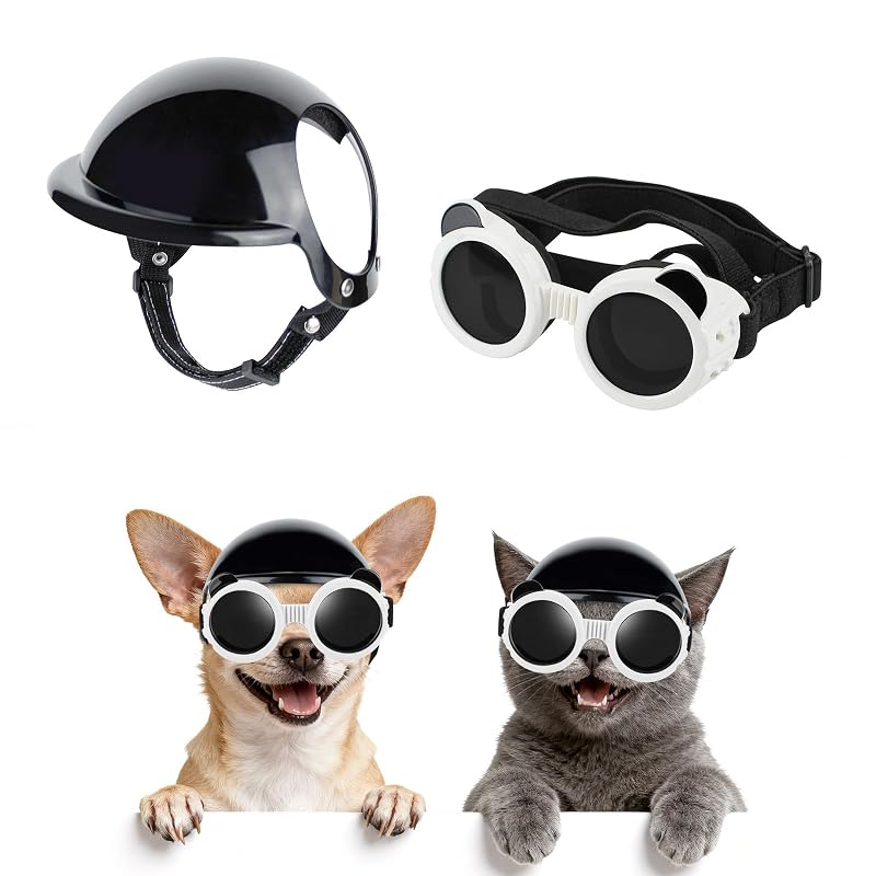 Capacete para cães pequenos com óculos ajustáveis Billionchains X-Small-(Black+White)