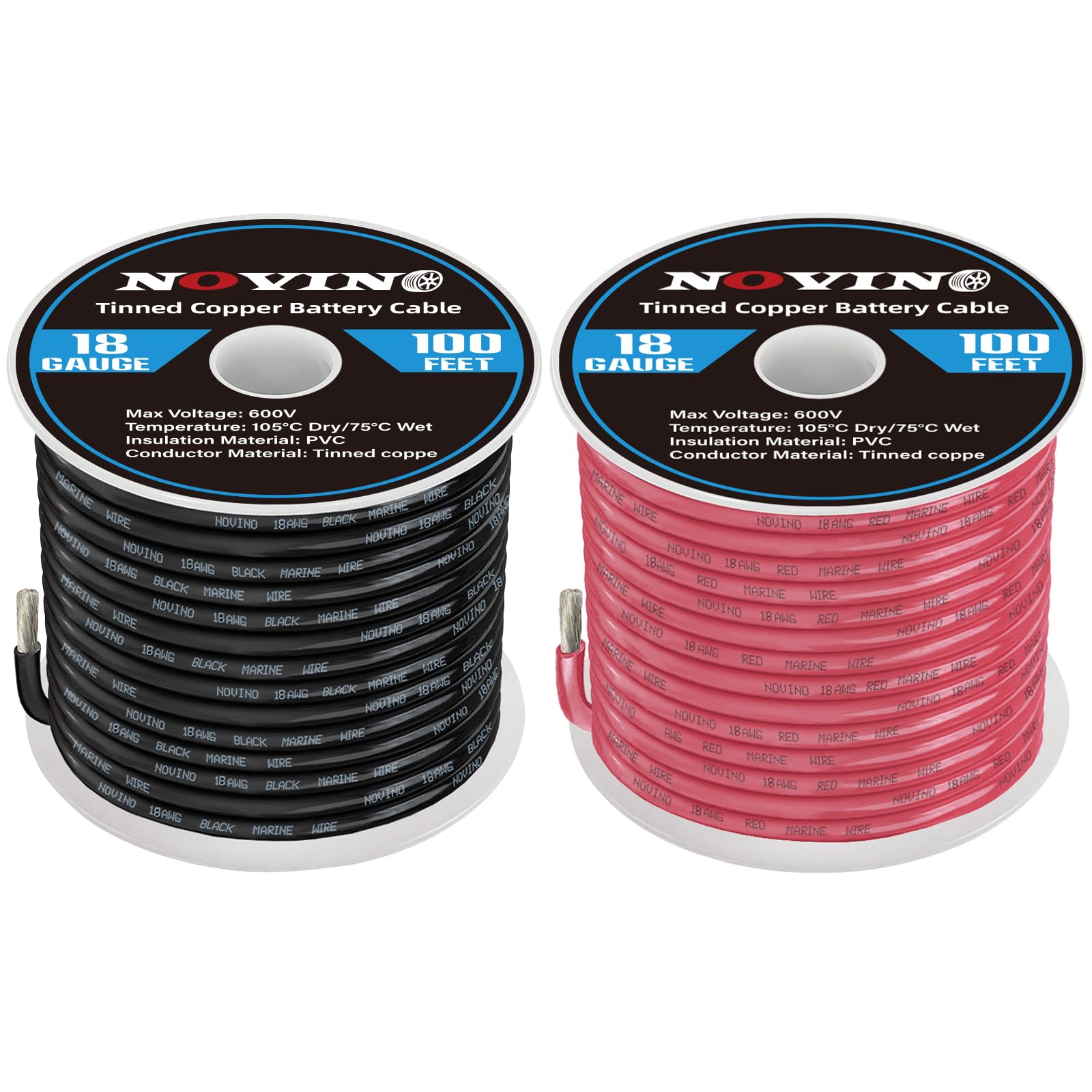 18 Gauge Marine Wire 18 AWG Marine Grade Wire Include 18 Gauge 100FT Red & 100FT Black,18 AWG Tinned Copper Oxygen-Free Boat Electrical Cable for