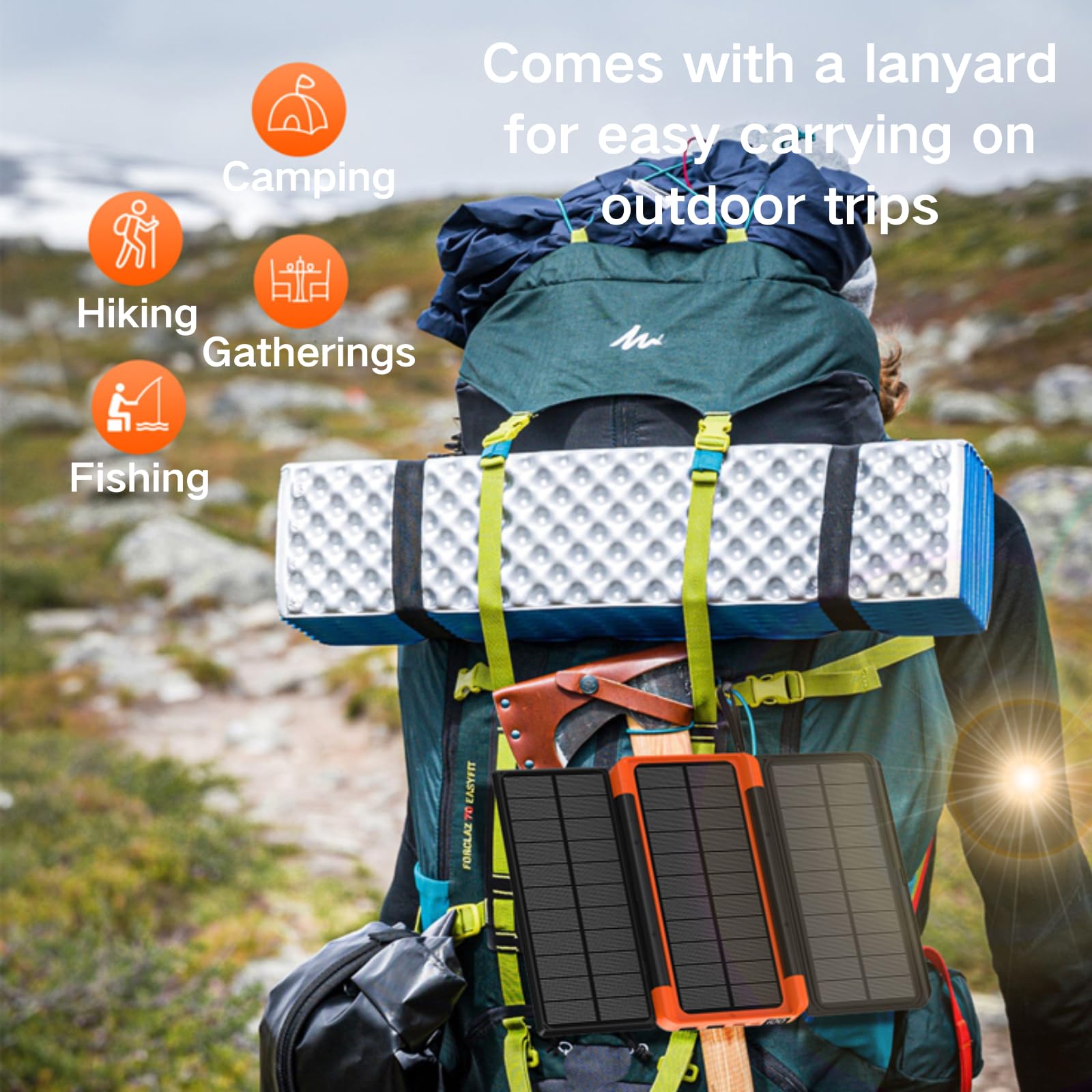 Powerbank Solar 20000 mAh, Dos Puertos USB, Tipo-C, Función de Carga Inalámbrica, Carga 4 Dispositivos al Mismo Tiempo, Cables Integrados, Cargador Portátil para iPhone, Android, Viajes