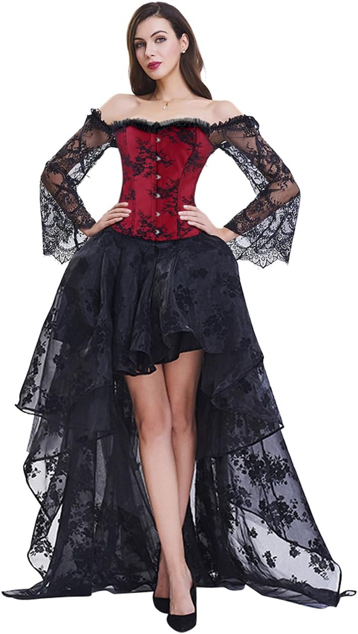 Women's Steampunk Victorian Off Shoulder Corset Top with High Low Skirt