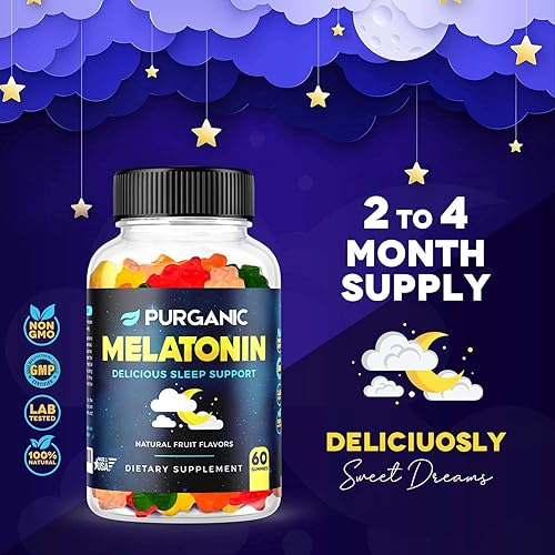Miniatura 4 de Purganic Paquete de 2 gomitas de melatonina para niños y adultos, vitaminas gomosas para ayudar al sueño, dosis de 5 mg o 10 mg, suplemento natural