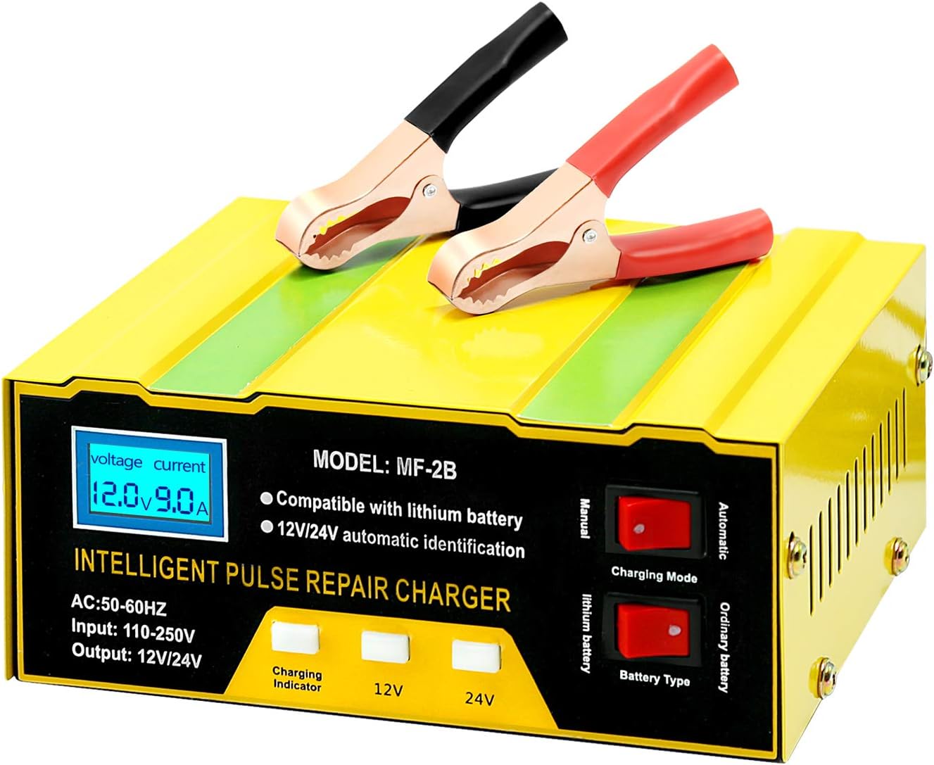 MDEOOSKY Car Battery Charger 12V / 24V, 6AH~105AH Portable Trickle Charger and Maintainer with Auto/Manual Modes for Motorcycle, Marine, Truck, Boat, Lawn Mower Lead Acid Battery or Lithium Battery