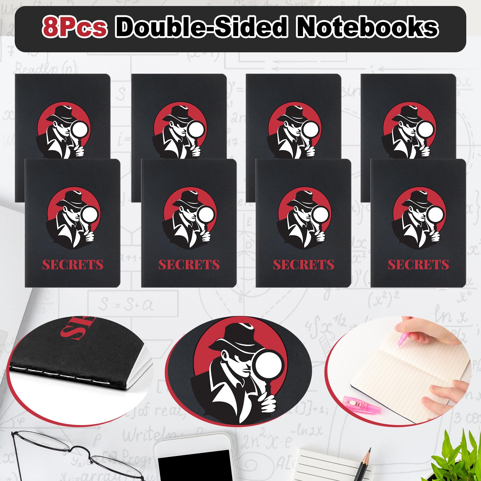 Kit Detective, Detective Pinata Compleanno, Kit Spia con Penne, Taccuino per Note, Occhiali da Agente Segreto, Borse da Festa, Baffi, Carta d'identità con Clip