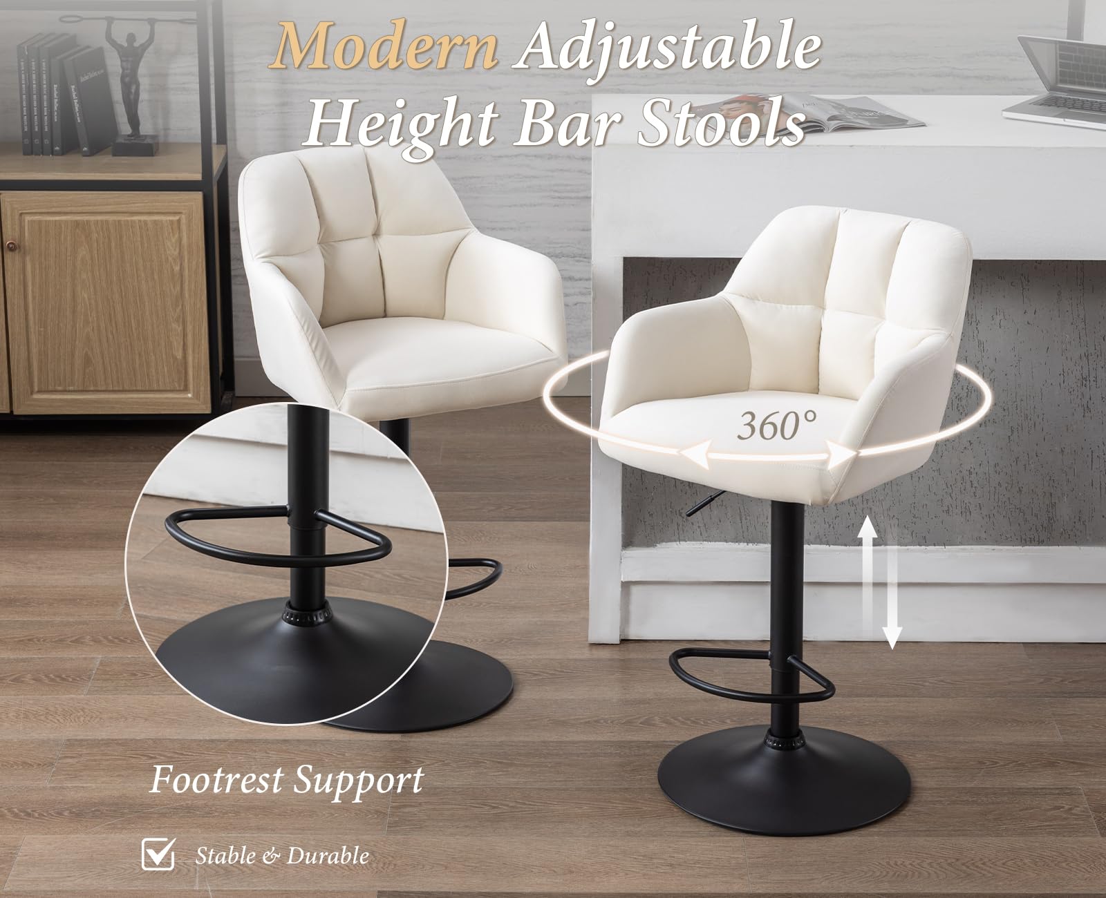 chairus 2PCS Taburetes de Bar de Terciopelo con Altura Ajustable, Beige | Moderno, Sillas Altas Giratorias, Con Reposabrazos, Para Isla de Cocina
